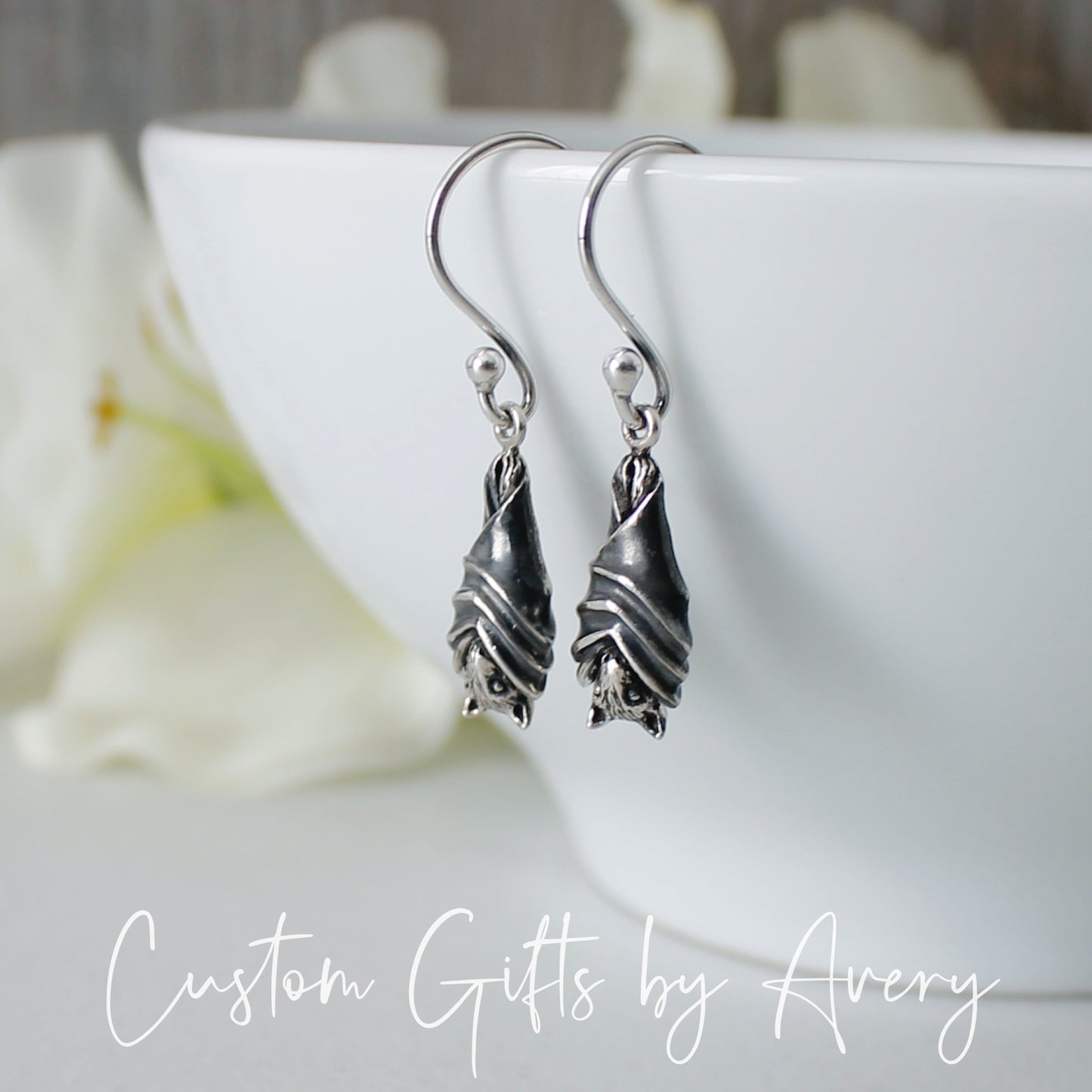 Sterling Silver Hanging Bat Earrings