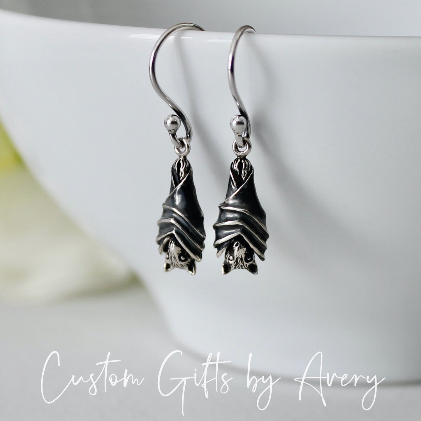 Sterling Silver Hanging Bat Earrings