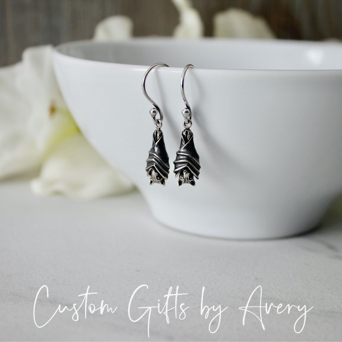 Sterling Silver Hanging Bat Earrings