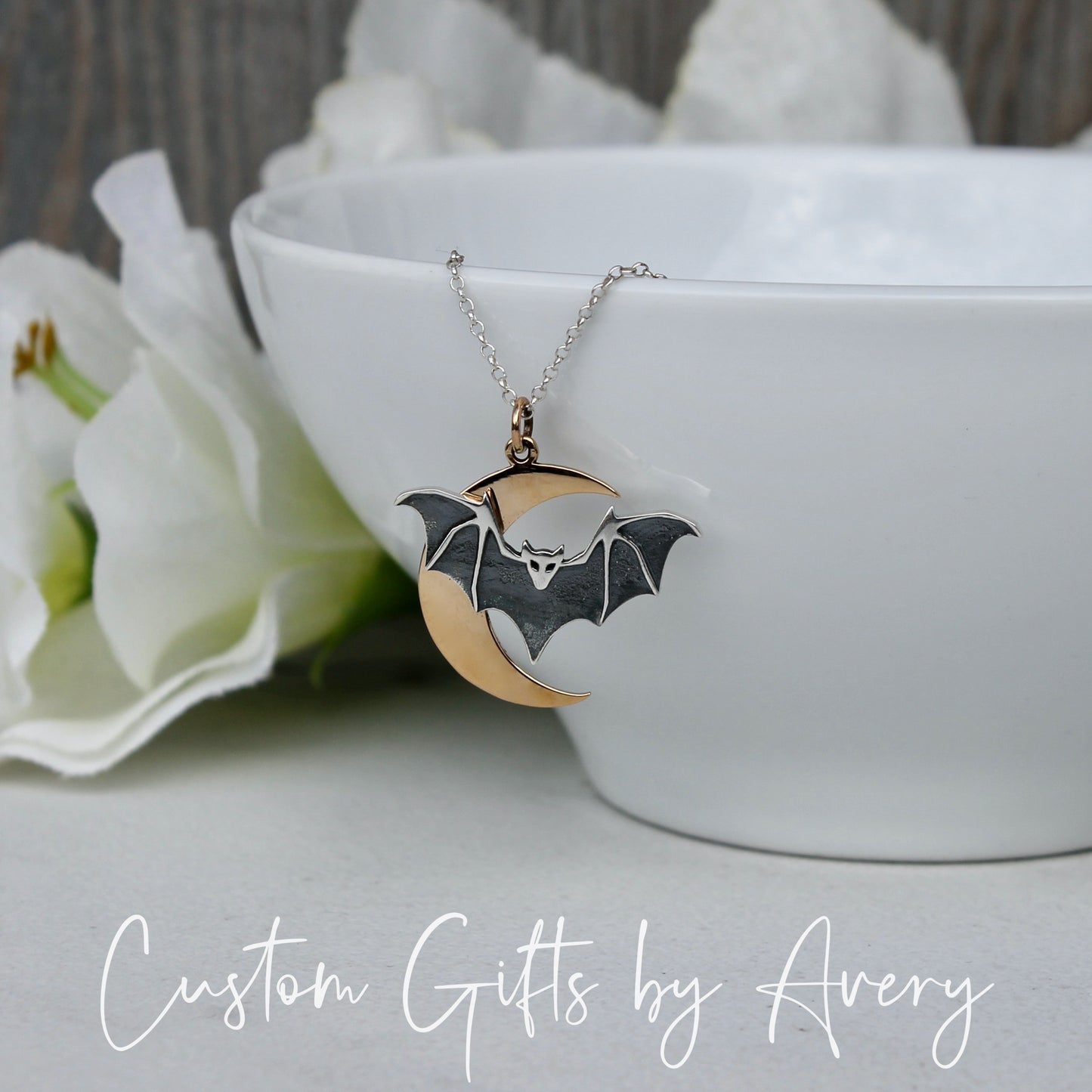 Sterling Silver Bat & Crescent Moon Necklace