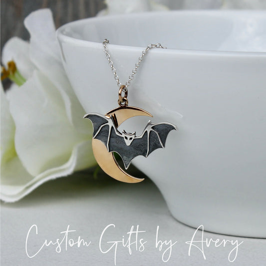 Sterling Silver Bat & Crescent Moon Necklace