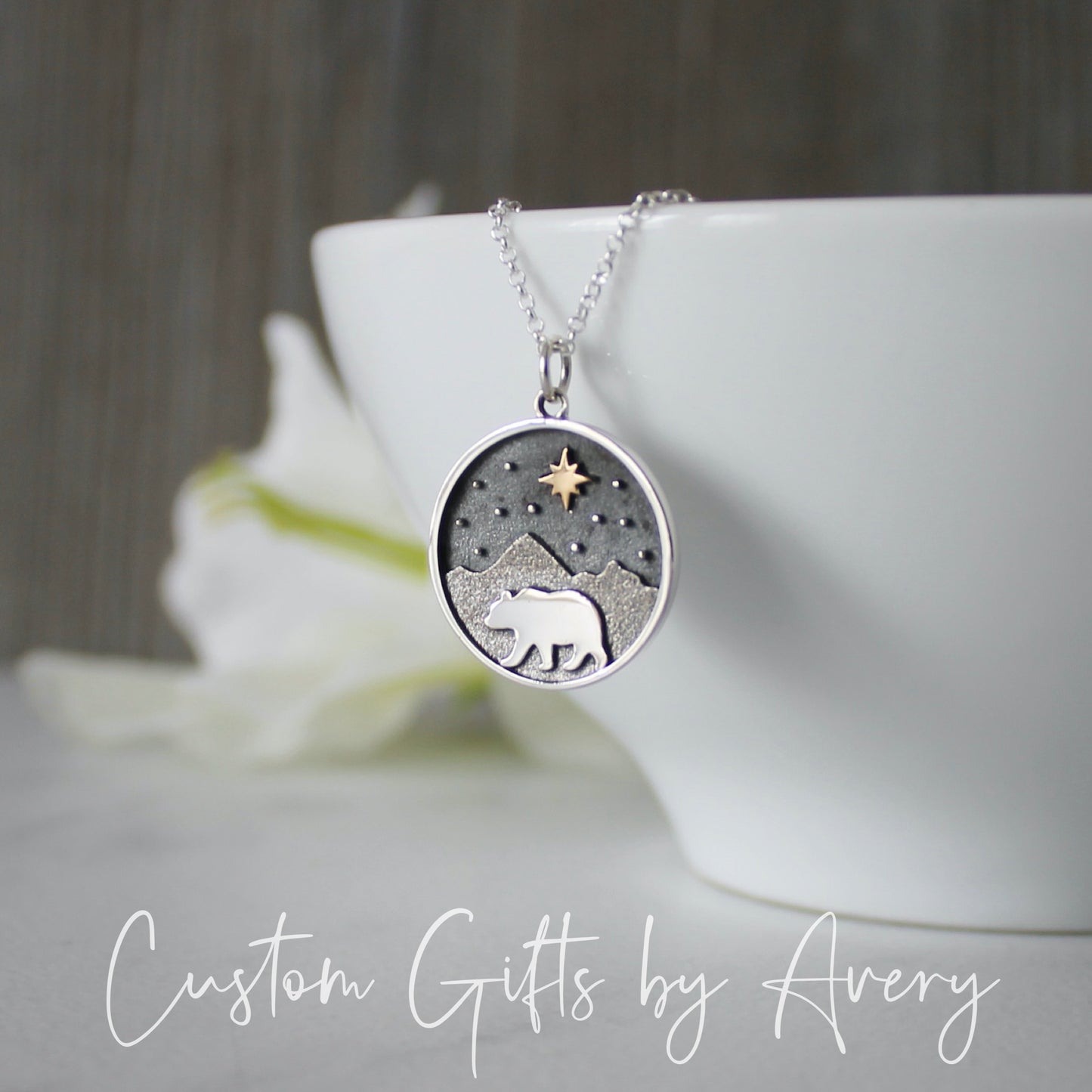 Sterling Silver Mountain & Bear Necklace