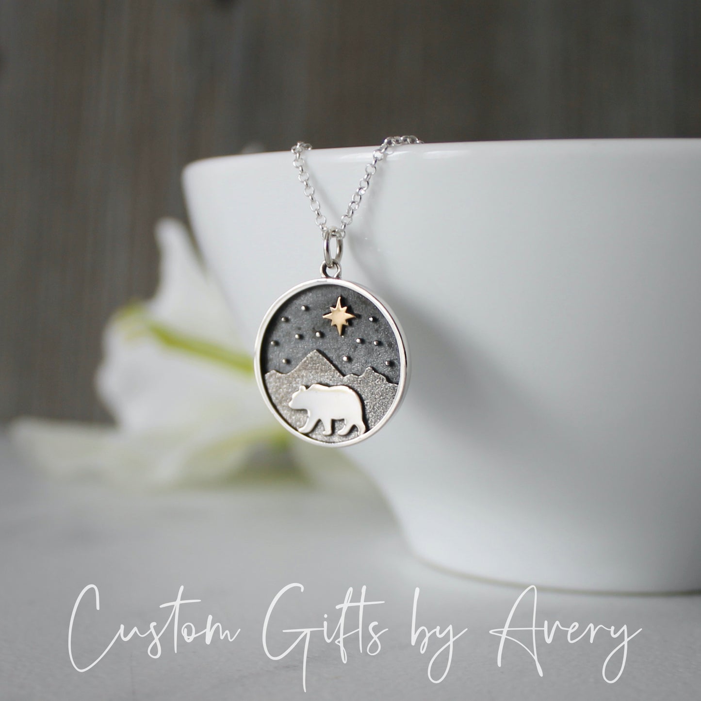 Sterling Silver Mountain & Bear Necklace