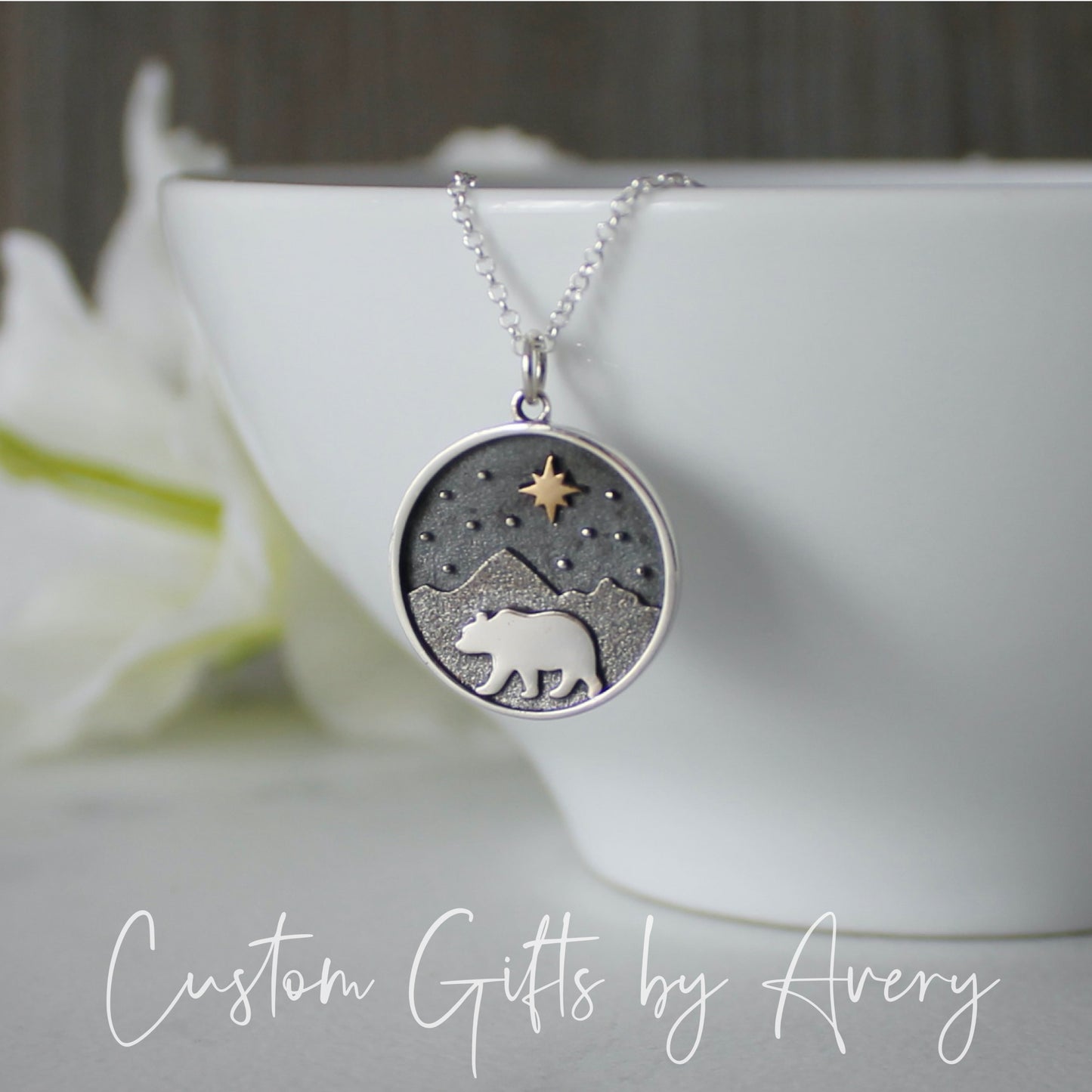 Sterling Silver Mountain & Bear Necklace