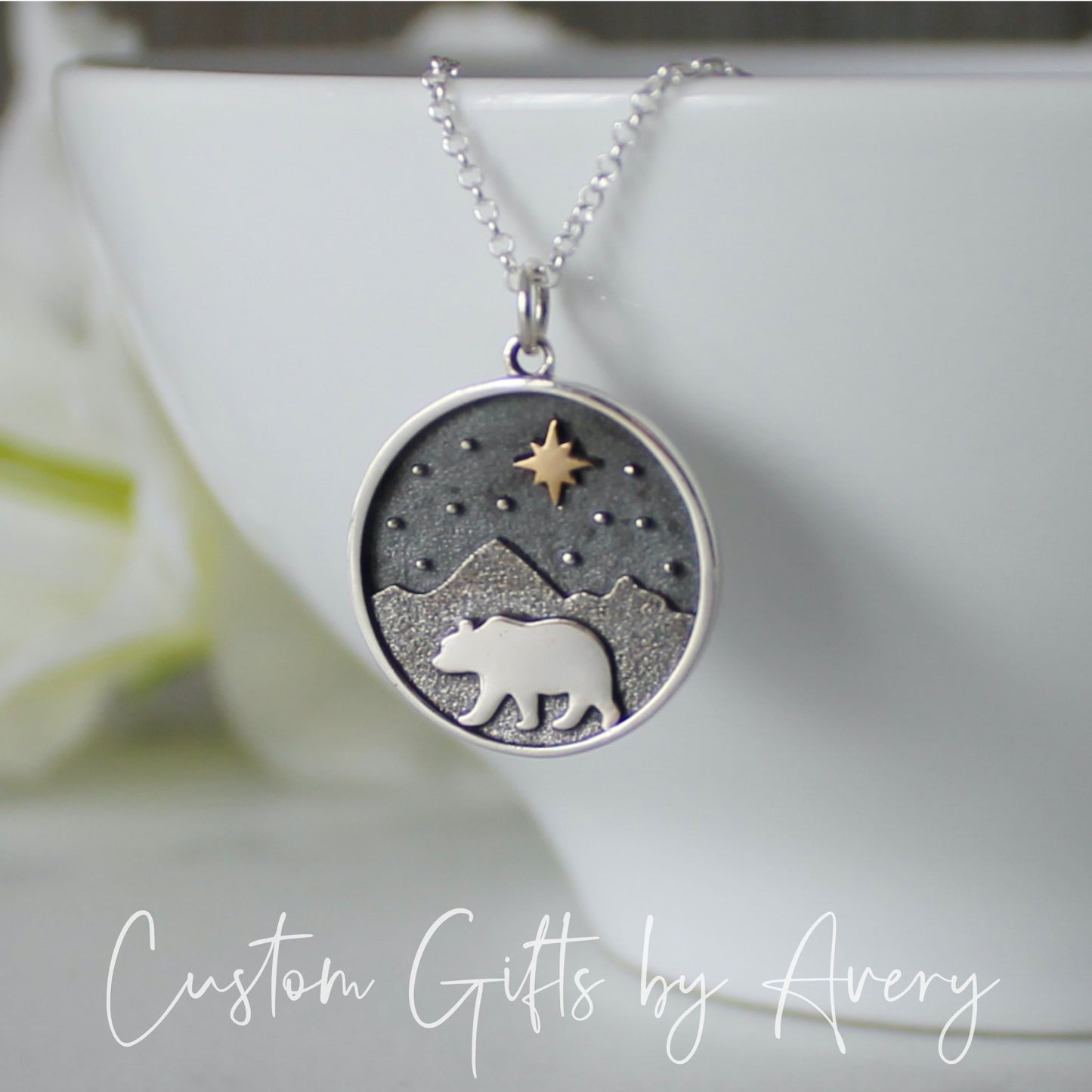 Sterling Silver Mountain & Bear Necklace