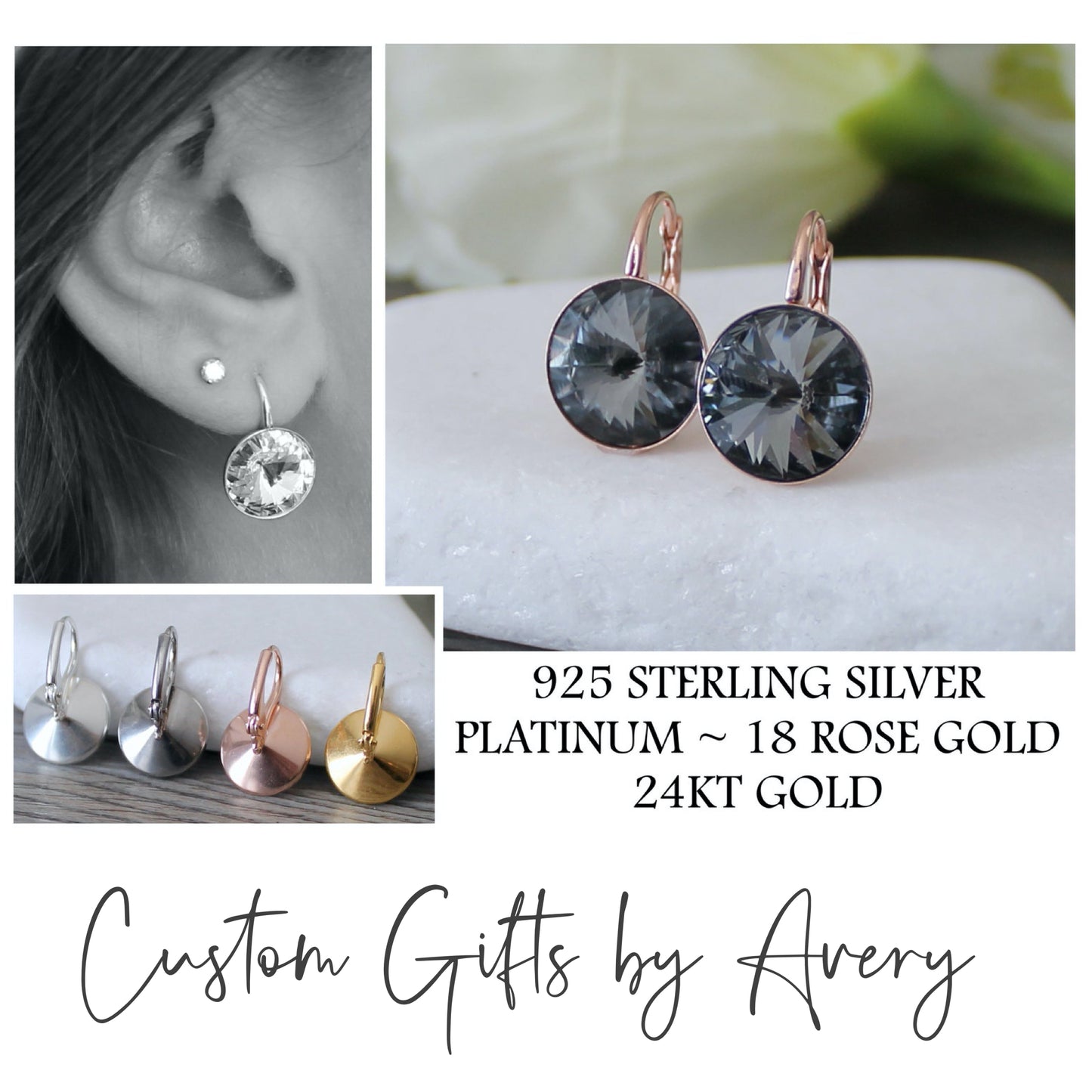 Bella Inspired Austrian Crystal Earrings ~ Gray Black Silver Night