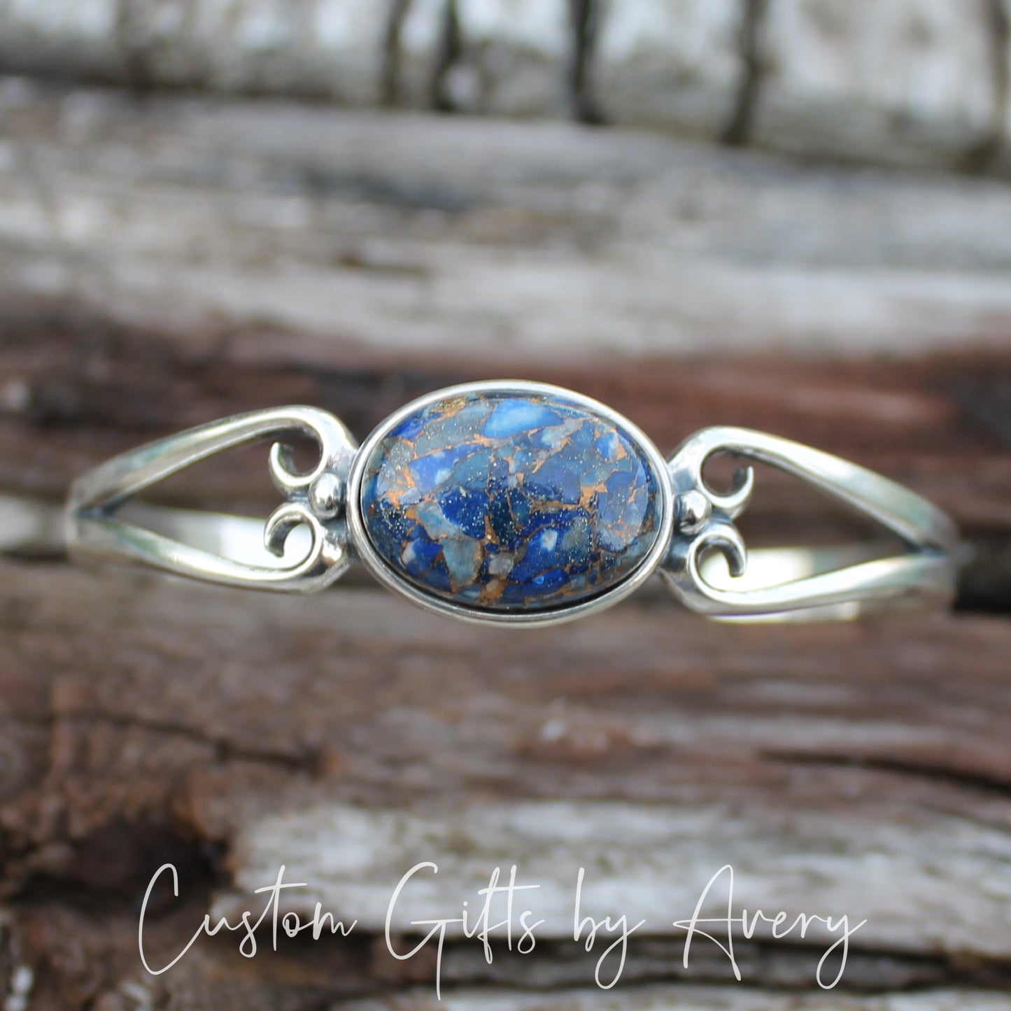 Sterling Silver & Blue Copper Lapis Lazuli Adjustable Cuff Bracelet