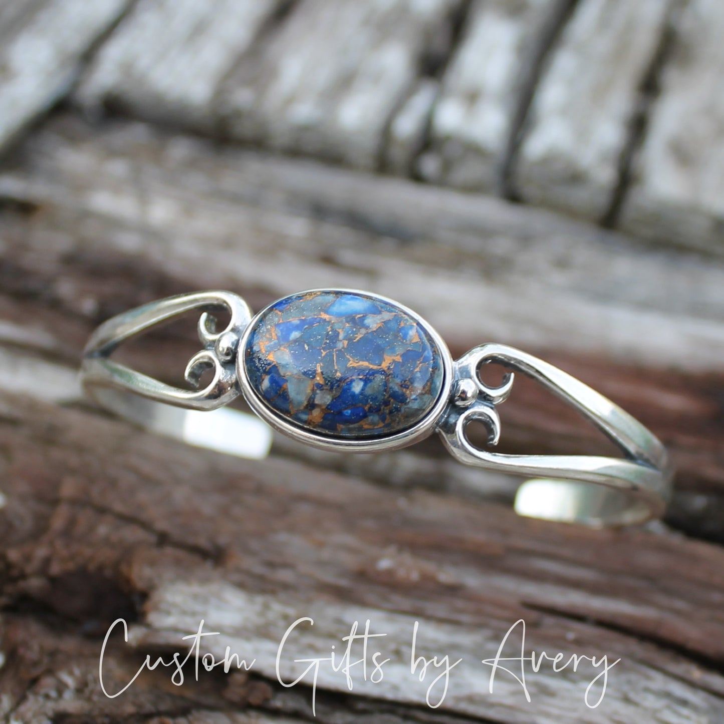 Sterling Silver & Blue Copper Lapis Lazuli Adjustable Cuff Bracelet