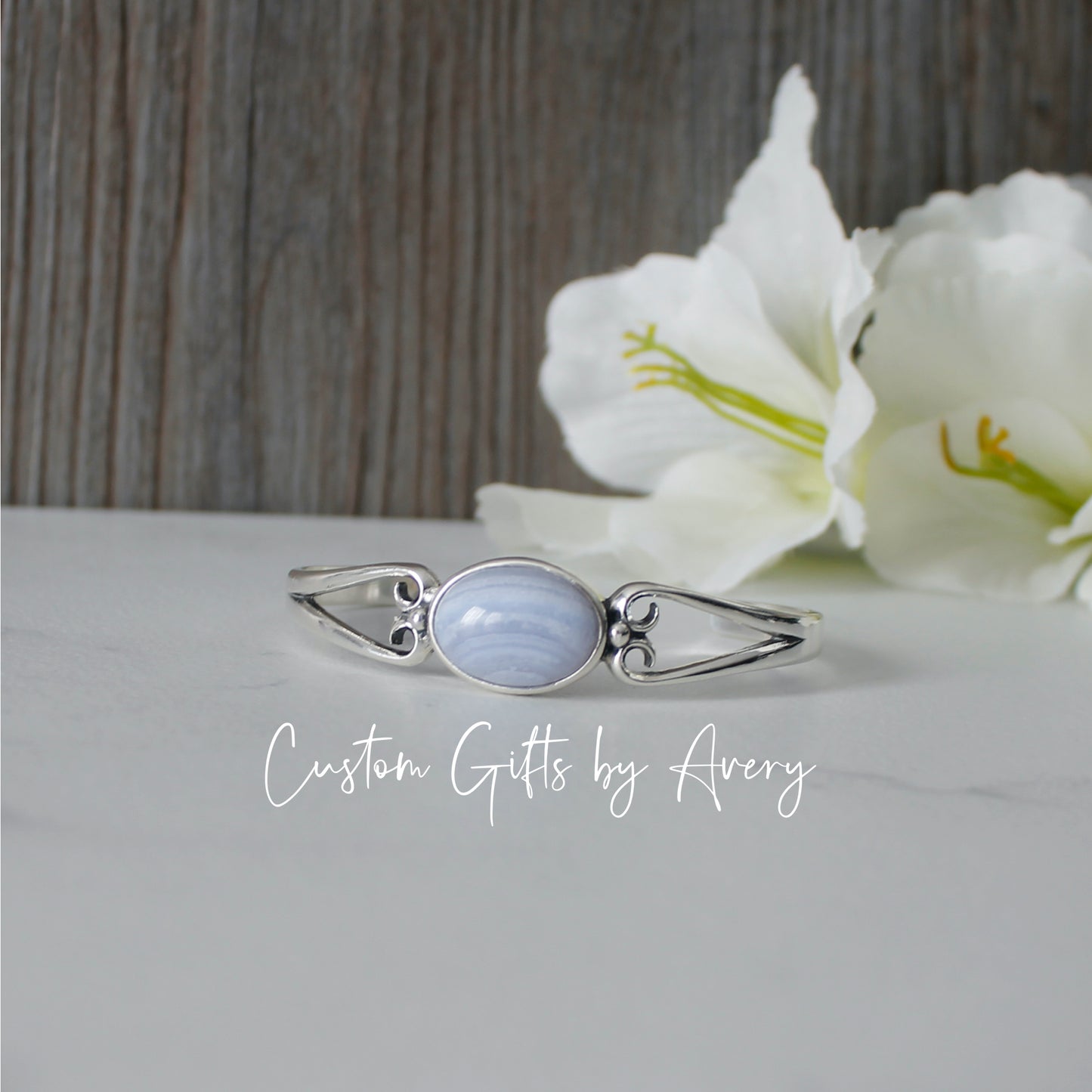 Sterling Silver & Blue Lace Agate Adjustable Cuff Bracelet