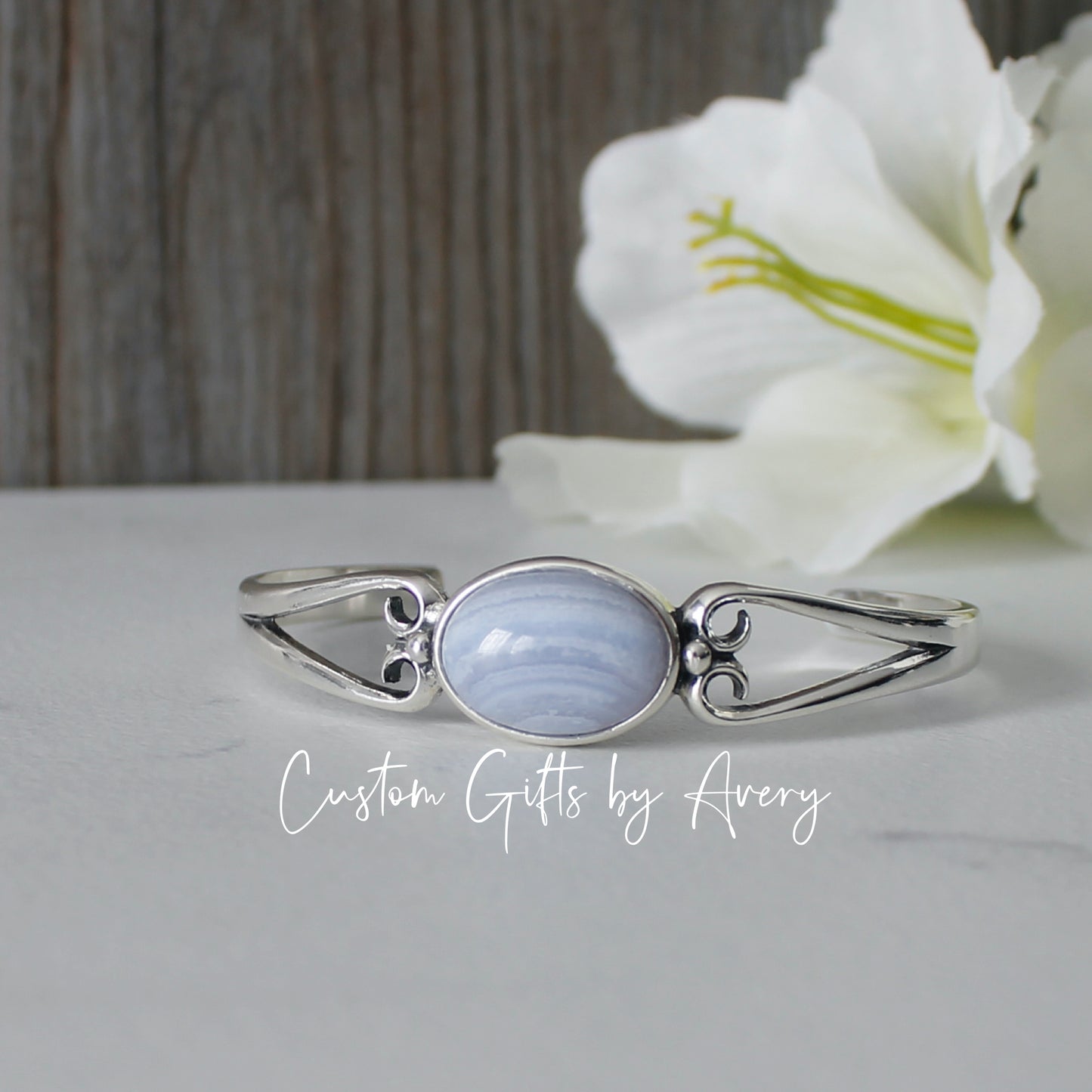 Sterling Silver & Blue Lace Agate Adjustable Cuff Bracelet