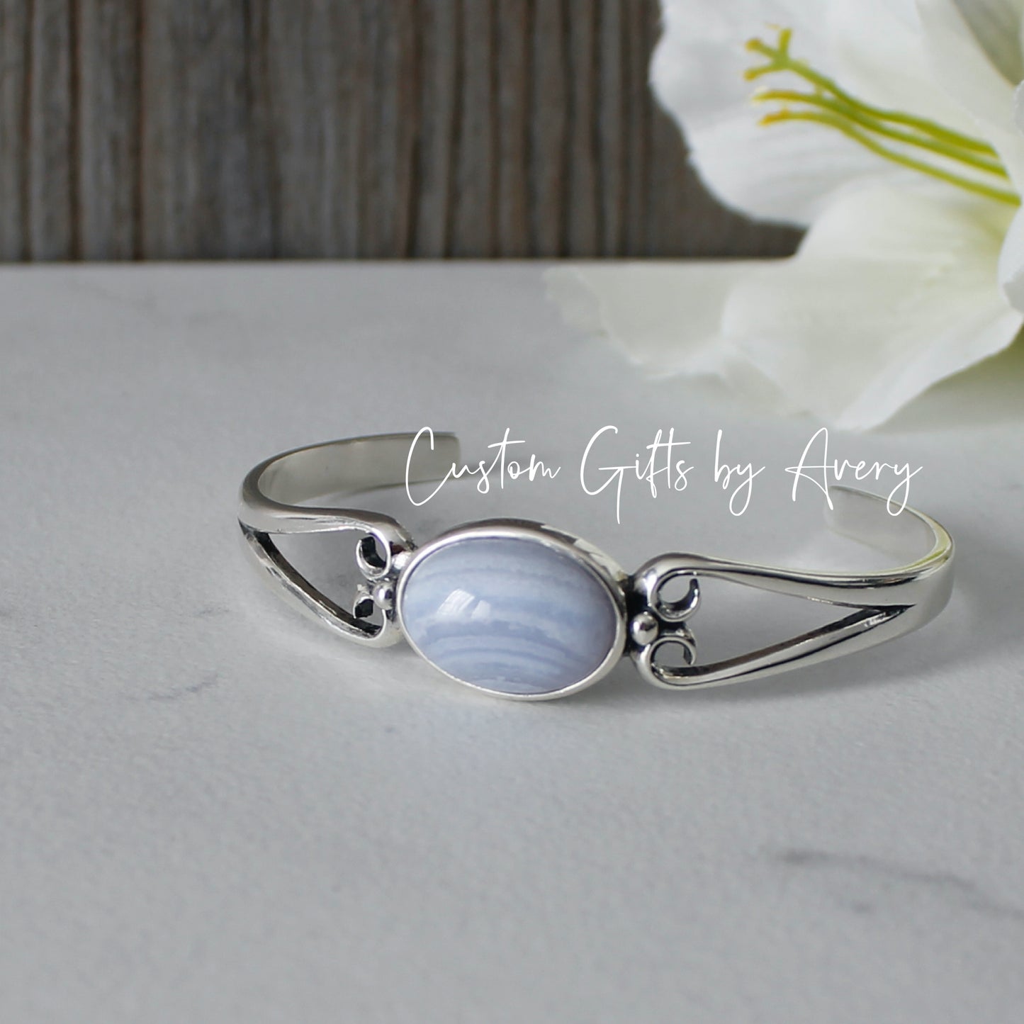 Sterling Silver & Blue Lace Agate Adjustable Cuff Bracelet