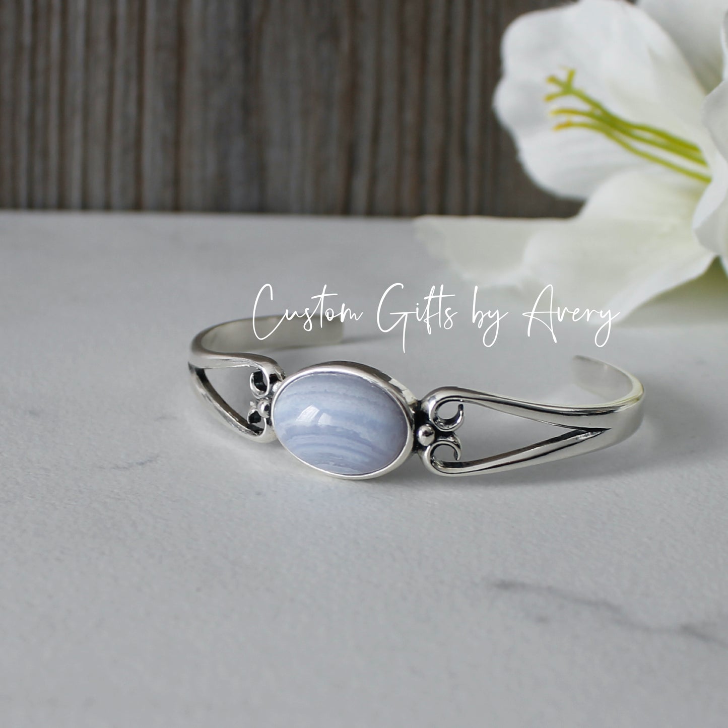 Sterling Silver & Blue Lace Agate Adjustable Cuff Bracelet