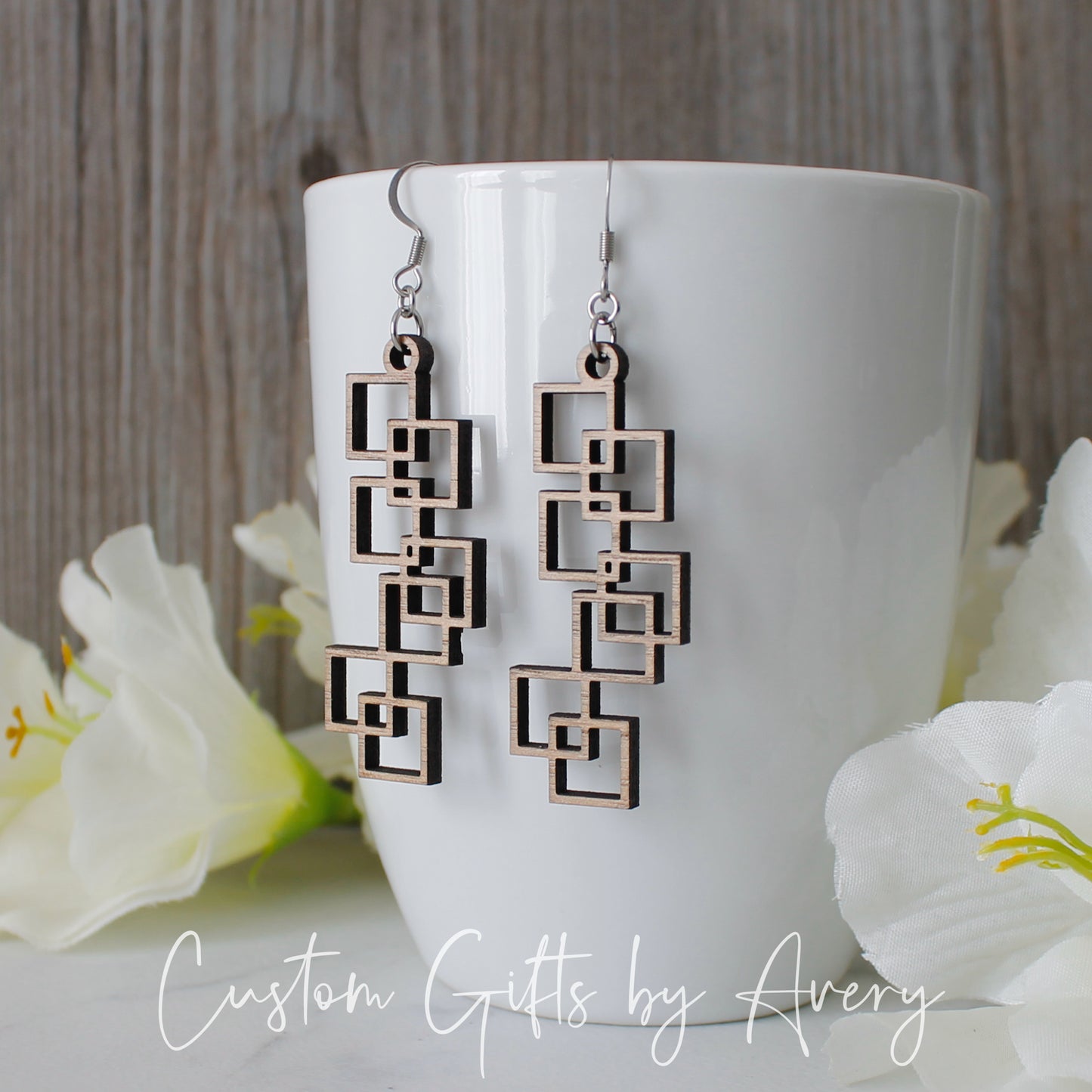 Cascading Square Earrings in Walnut Wood