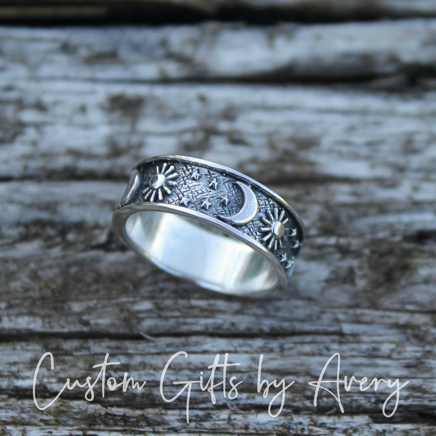 Oxidized Sterling Silver Celestial Sun and Moon Band Ring