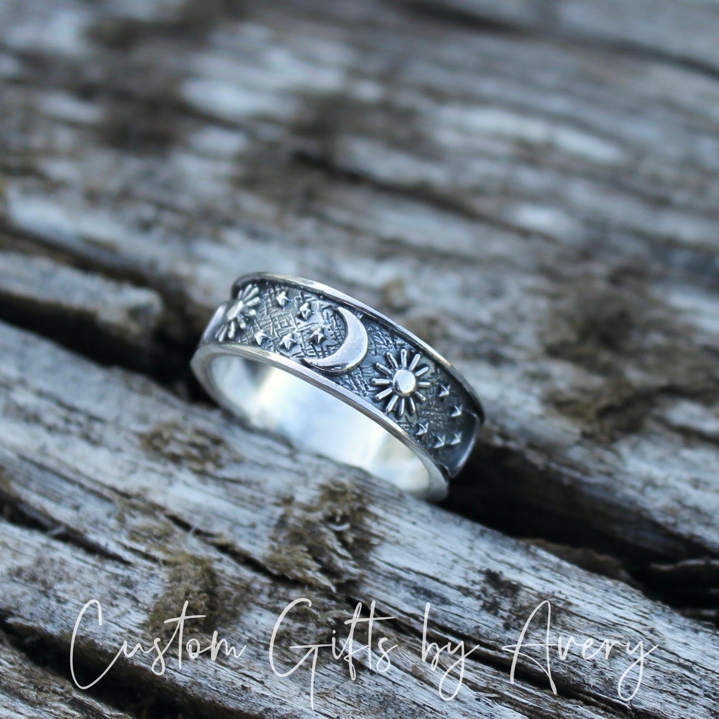 Oxidized Sterling Silver Celestial Sun and Moon Band Ring