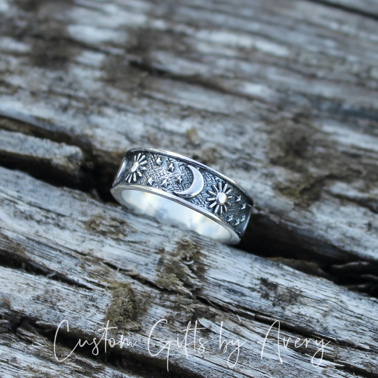 Oxidized Sterling Silver Celestial Sun and Moon Band Ring