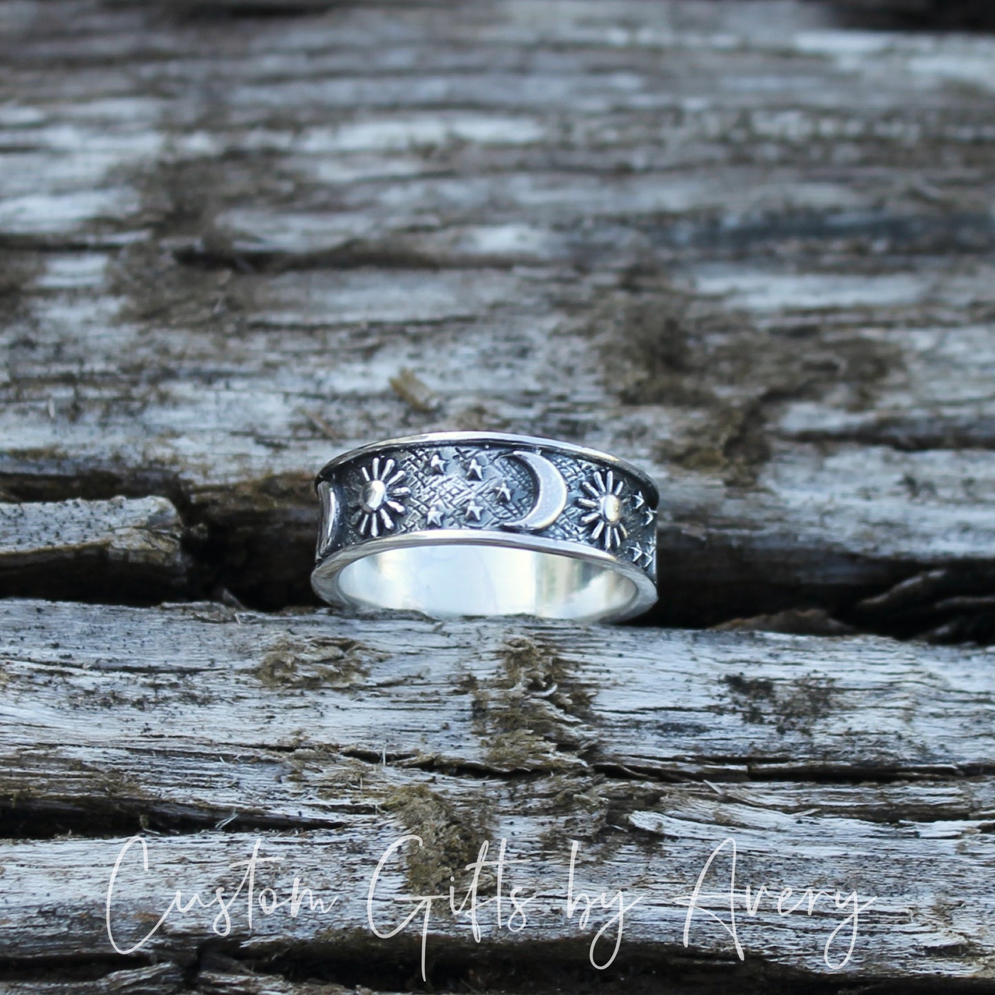 Oxidized Sterling Silver Celestial Sun and Moon Band Ring