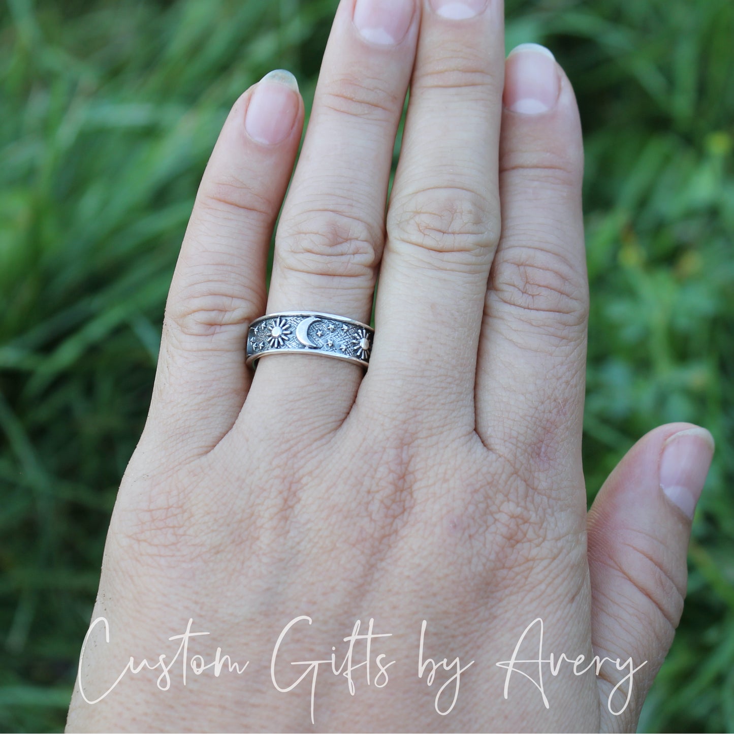 Oxidized Sterling Silver Celestial Sun and Moon Band Ring