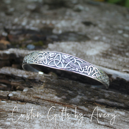 Adjustable Sterling Silver Celtic Triquetra  & Dragon Cuff Bracelet