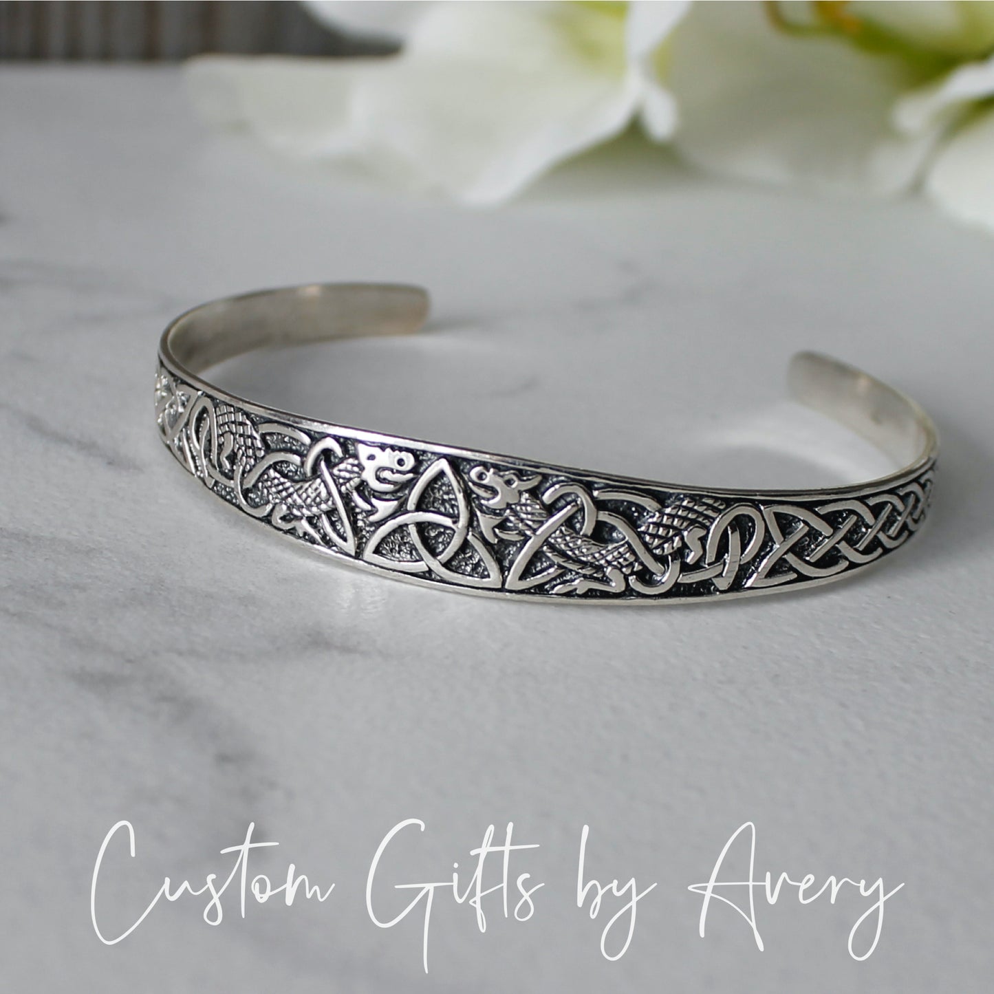 Adjustable Sterling Silver Celtic Triquetra  & Dragon Cuff Bracelet