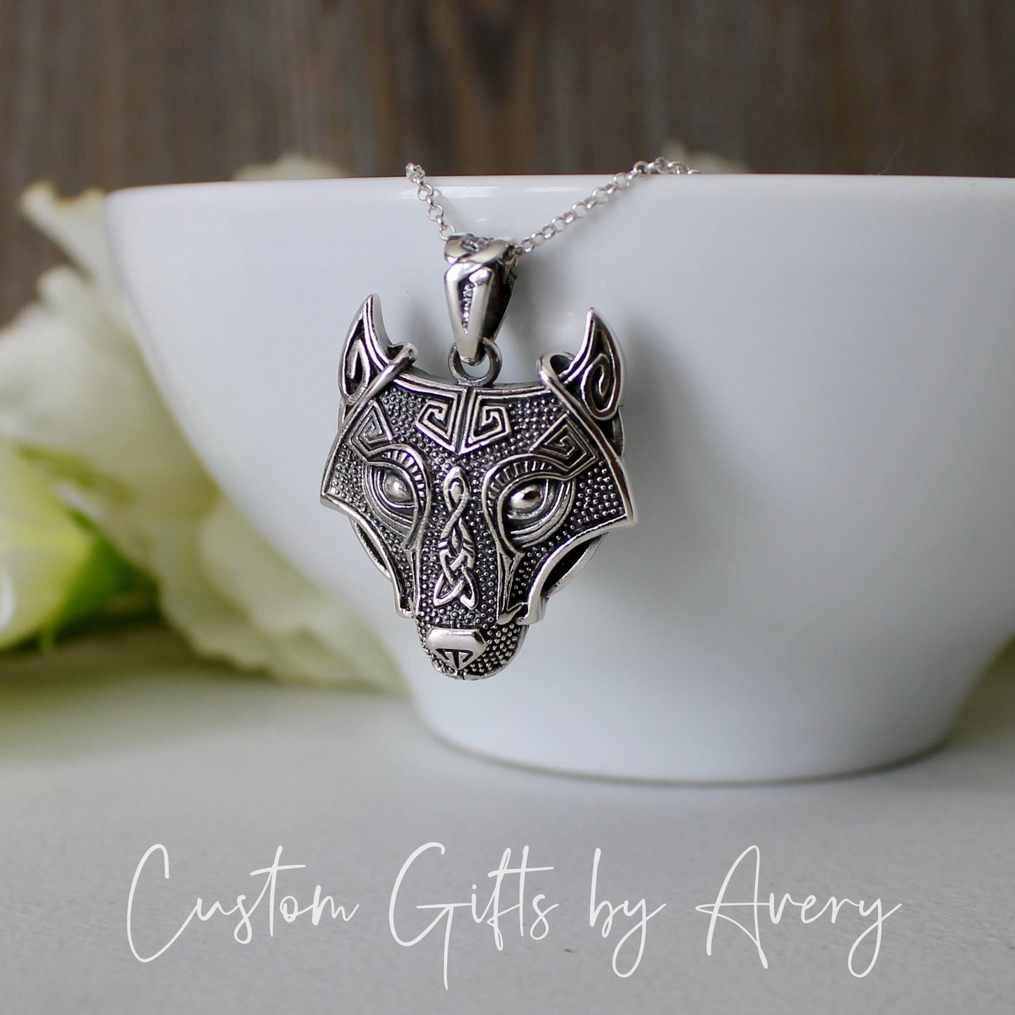 Oxidized Sterling Silver Celtic Wolf Head Necklace