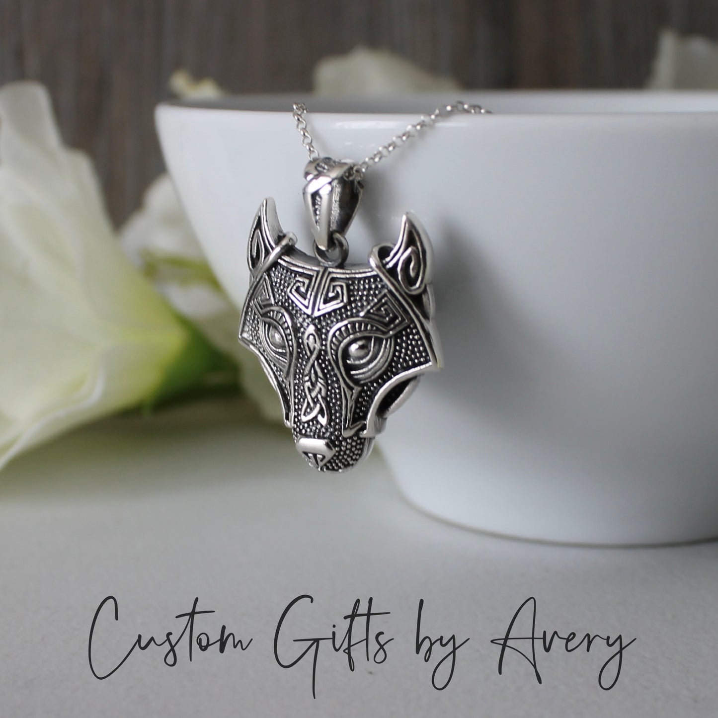 Oxidized Sterling Silver Celtic Wolf Head Necklace