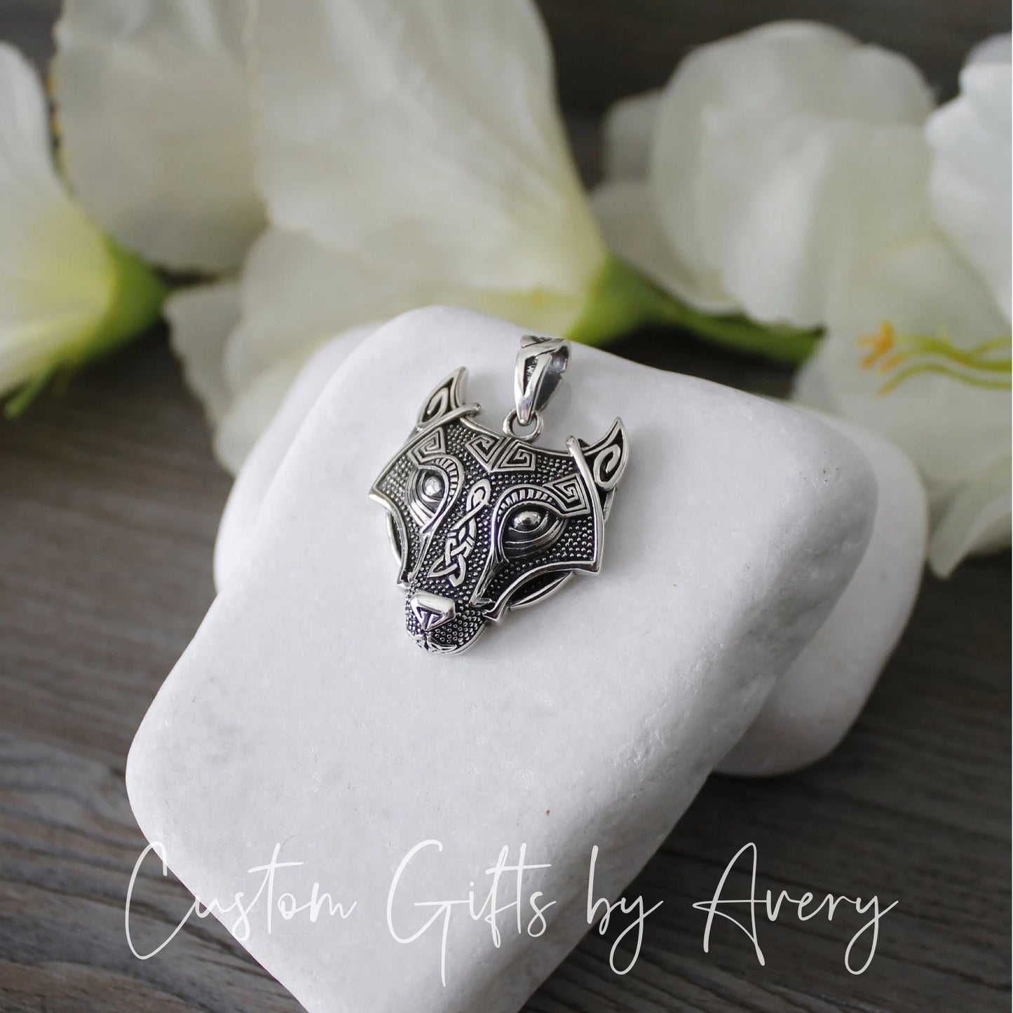 Oxidized Sterling Silver Celtic Wolf Head Necklace