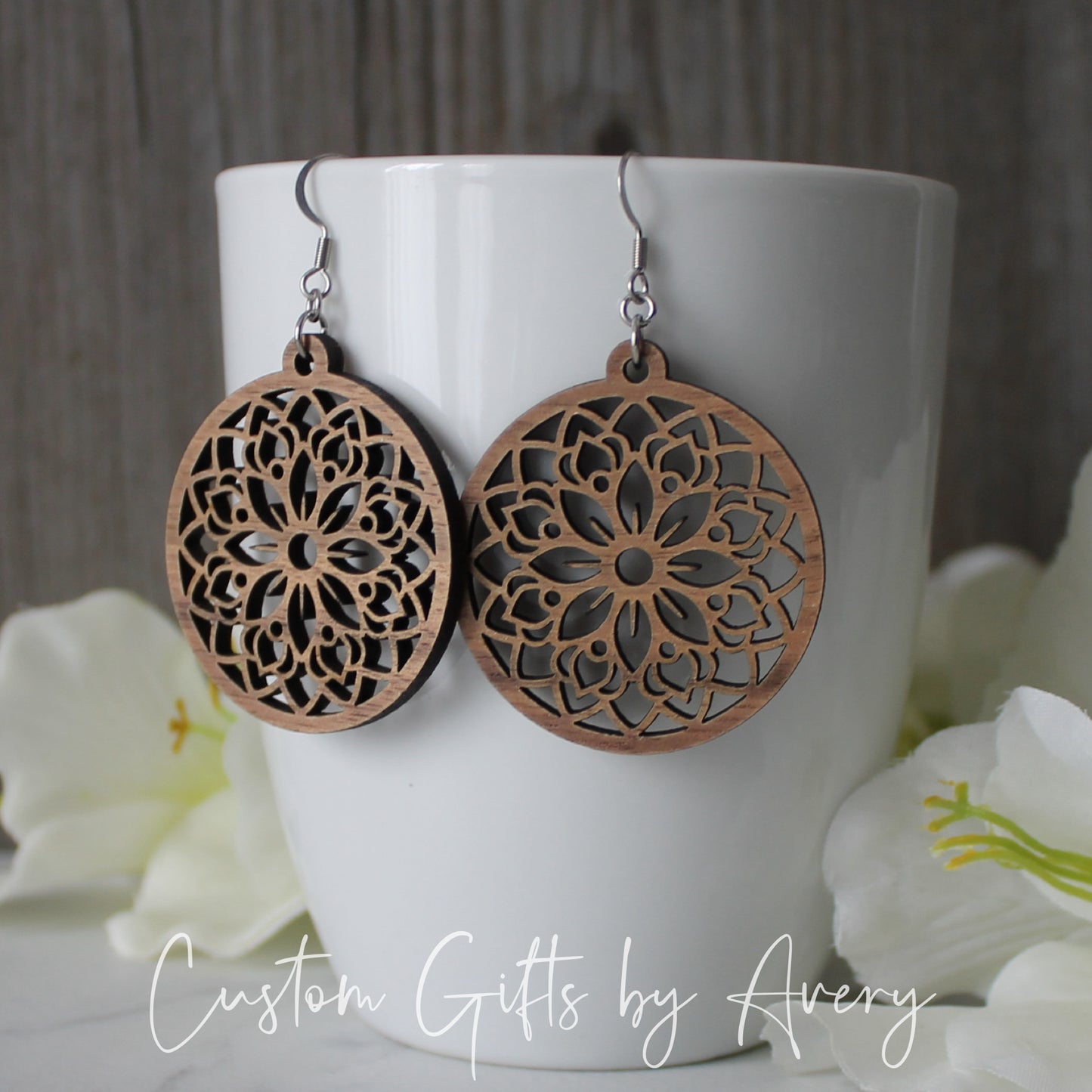 Large Circle Mandala Earrings in Walnut Wood