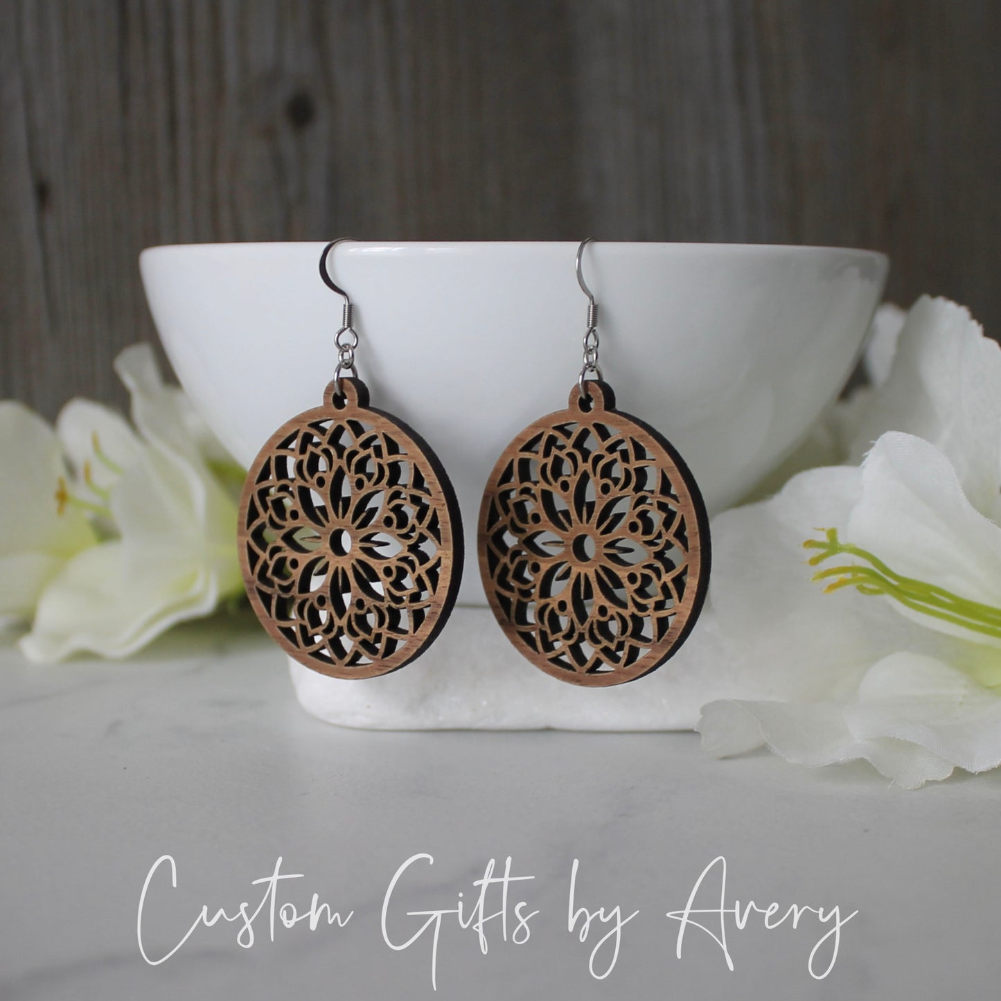 Large Circle Mandala Earrings in Walnut Wood