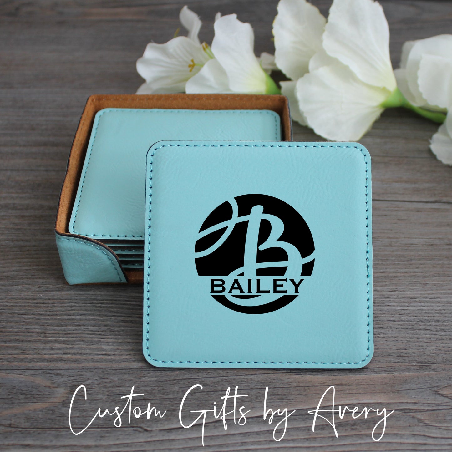 Personalized Leatherette Coasters ~ Set of 6 with Holder