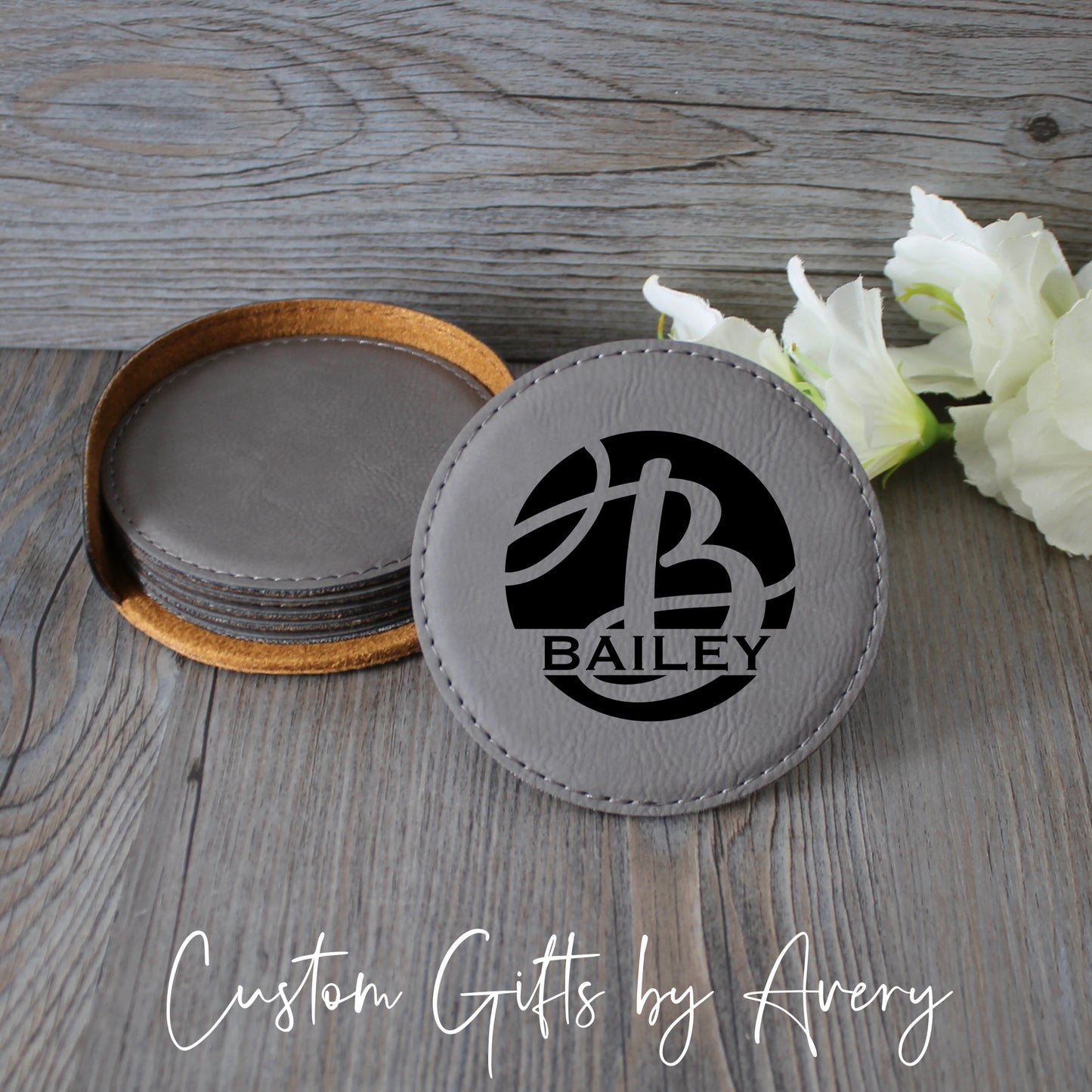 Personalized Leatherette Coasters ~ Set of 6 with Holder