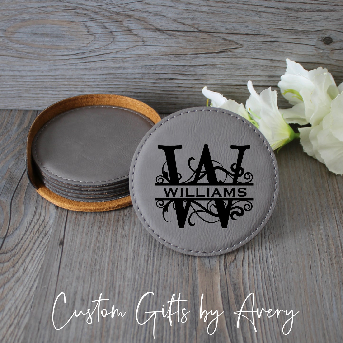 Personalized Leatherette Coasters ~ Set of 6 with Holder