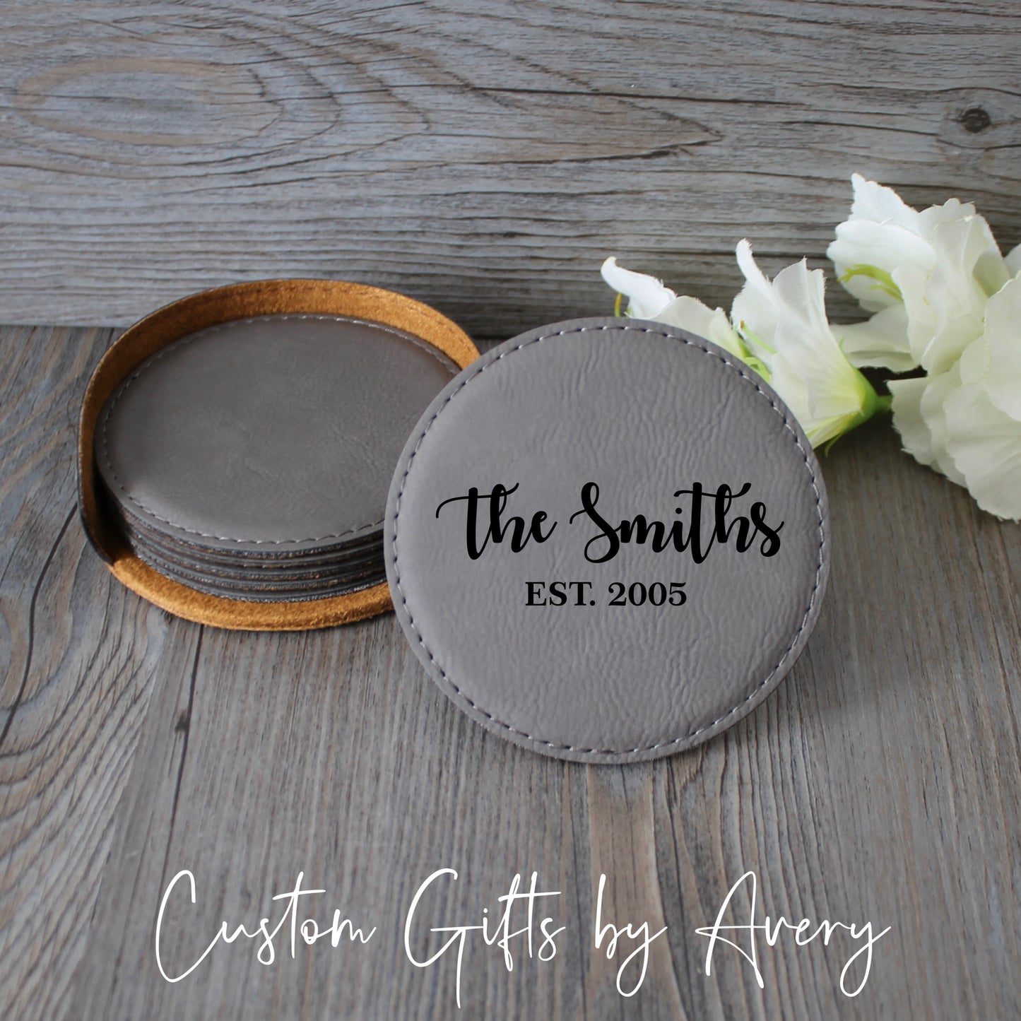 Personalized Leatherette Coasters ~ Set of 6 with Holder