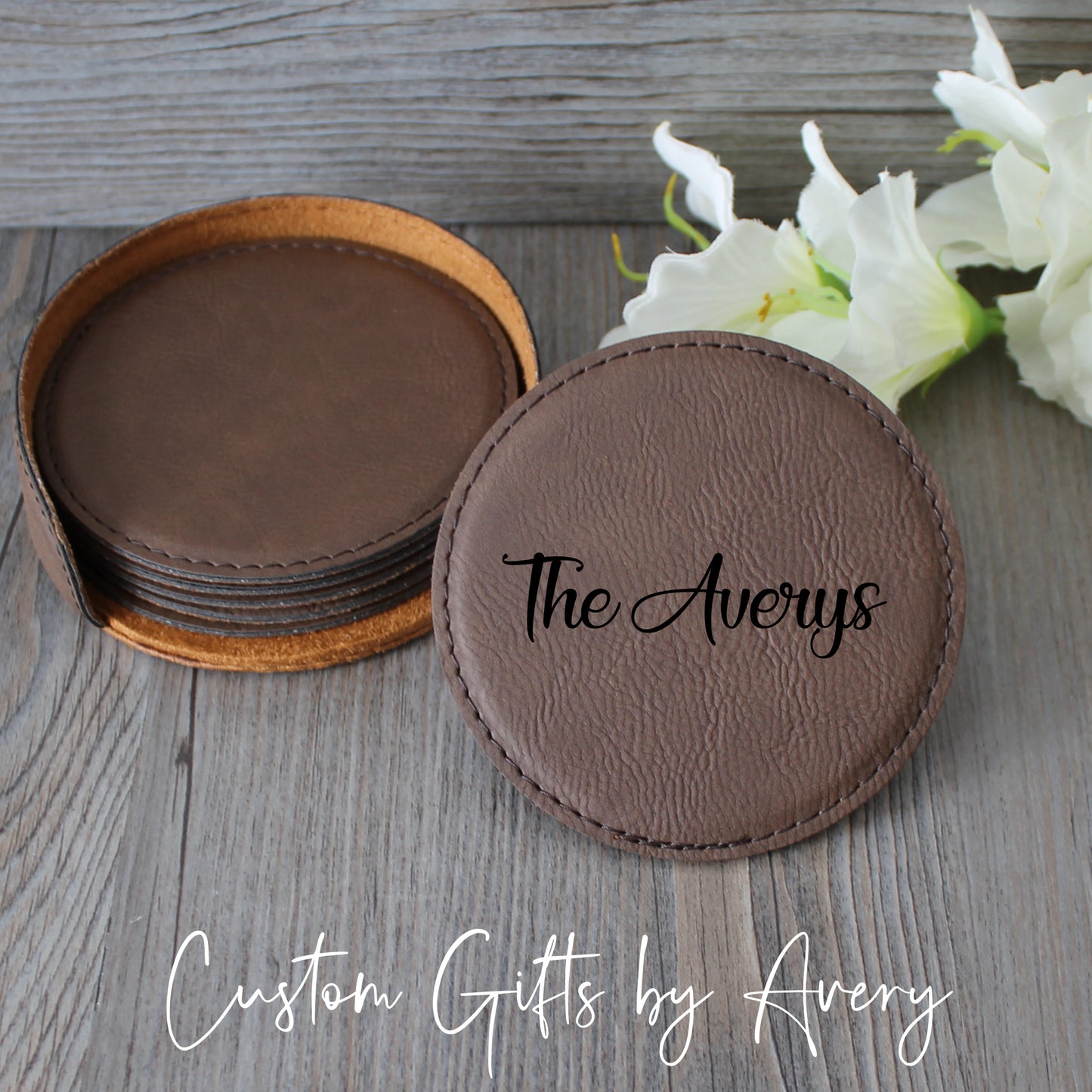 Personalized Leatherette Coasters ~ Set of 6 with Holder