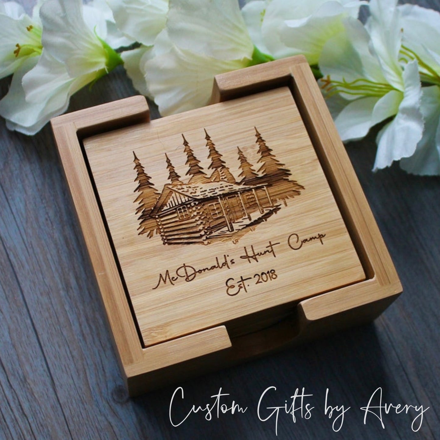 Set of 4 Bamboo Coasters ~ Forest Cabin