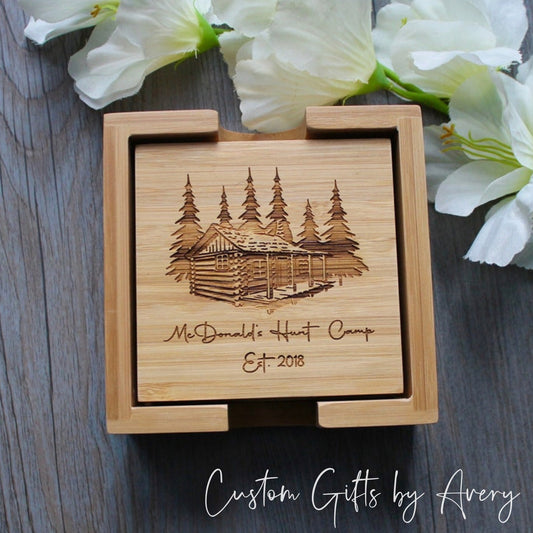 Set of 4 Bamboo Coasters ~ Forest Cabin