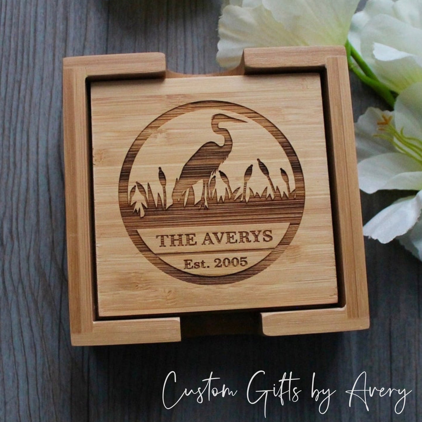 Set of 4 Bamboo Coasters ~ Blue Heron