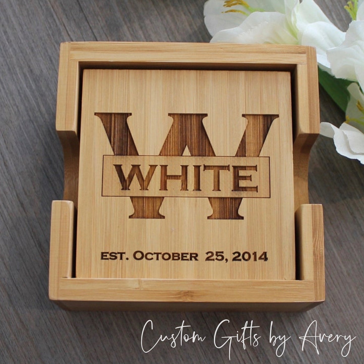 Set of 4 Bamboo Coasters ~ Personalized Family Name