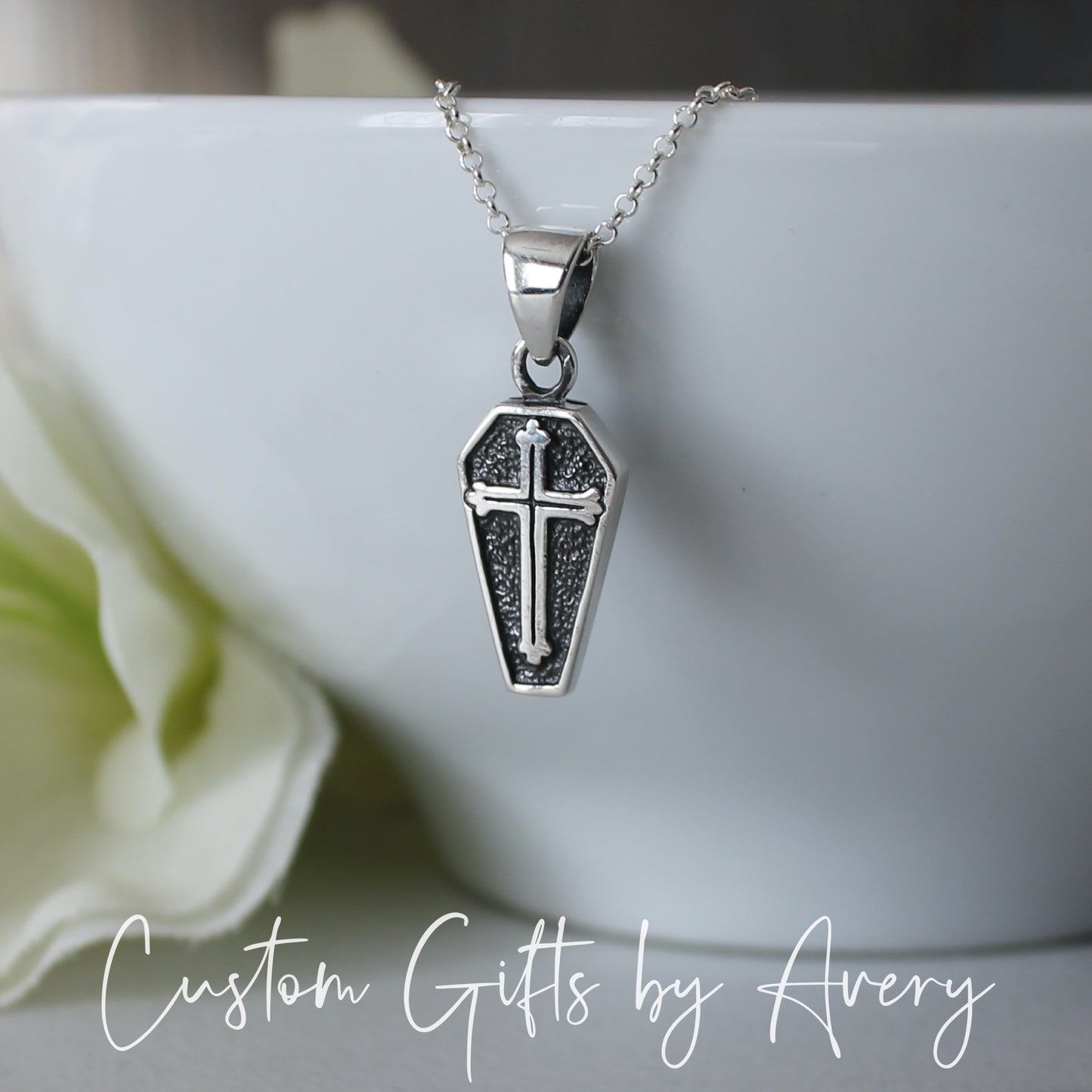 Sterling Silver Coffin with Cross Necklace