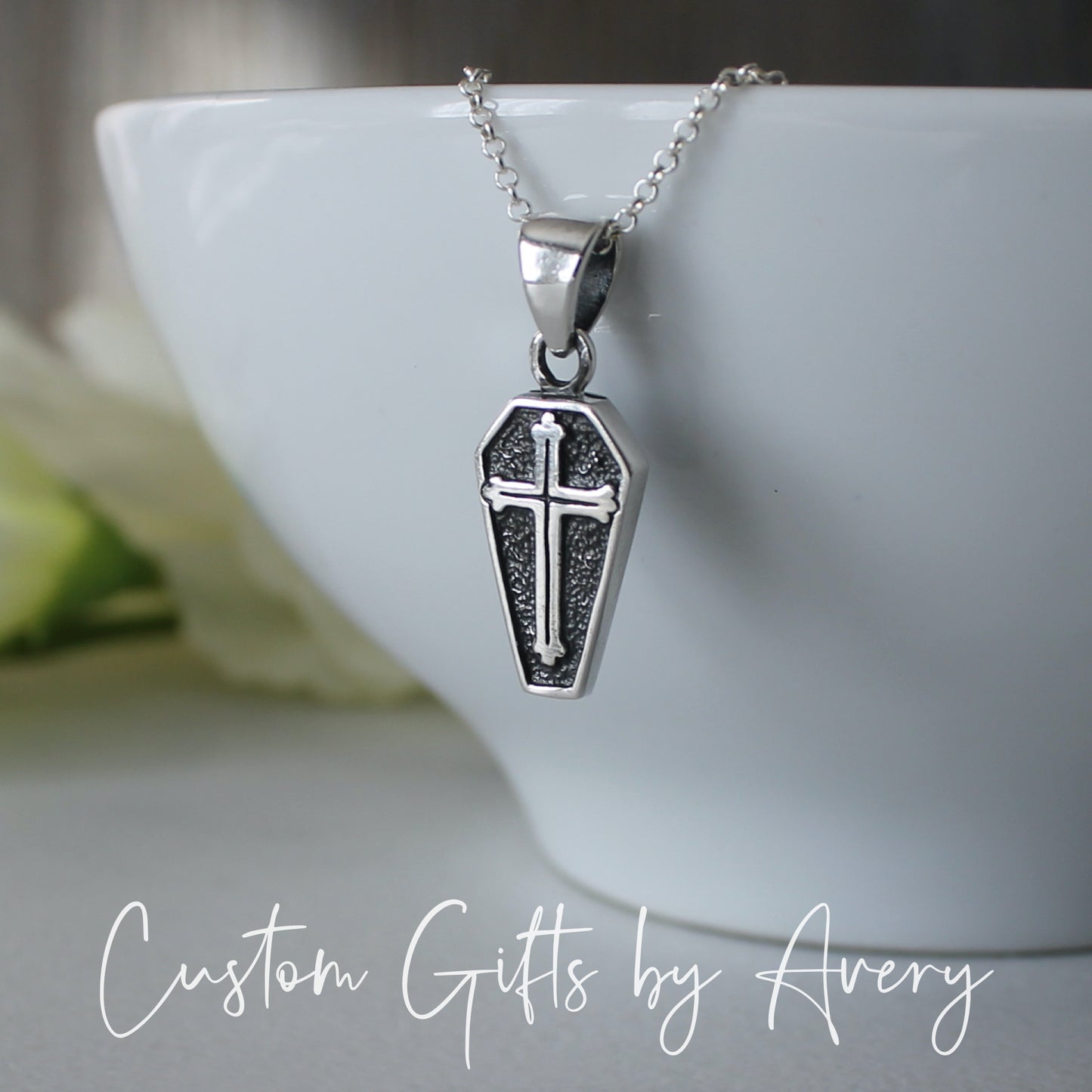 Sterling Silver Coffin with Cross Necklace