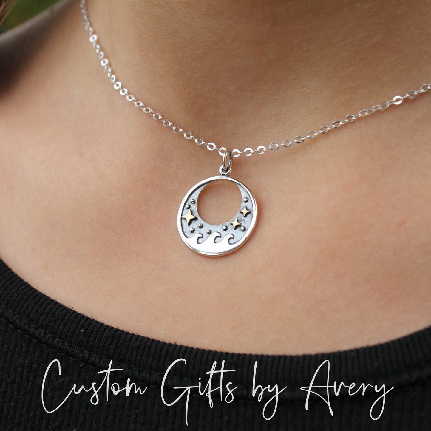 Crescent Moon & Ocean Waves Necklace