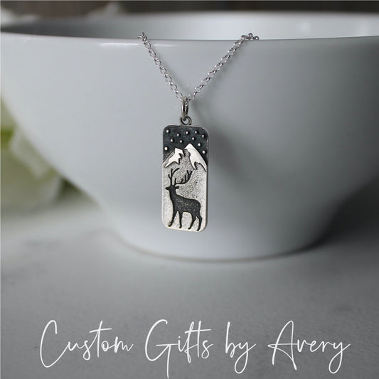 Sterling Silver Deer & Snow Capped Mountain Necklace