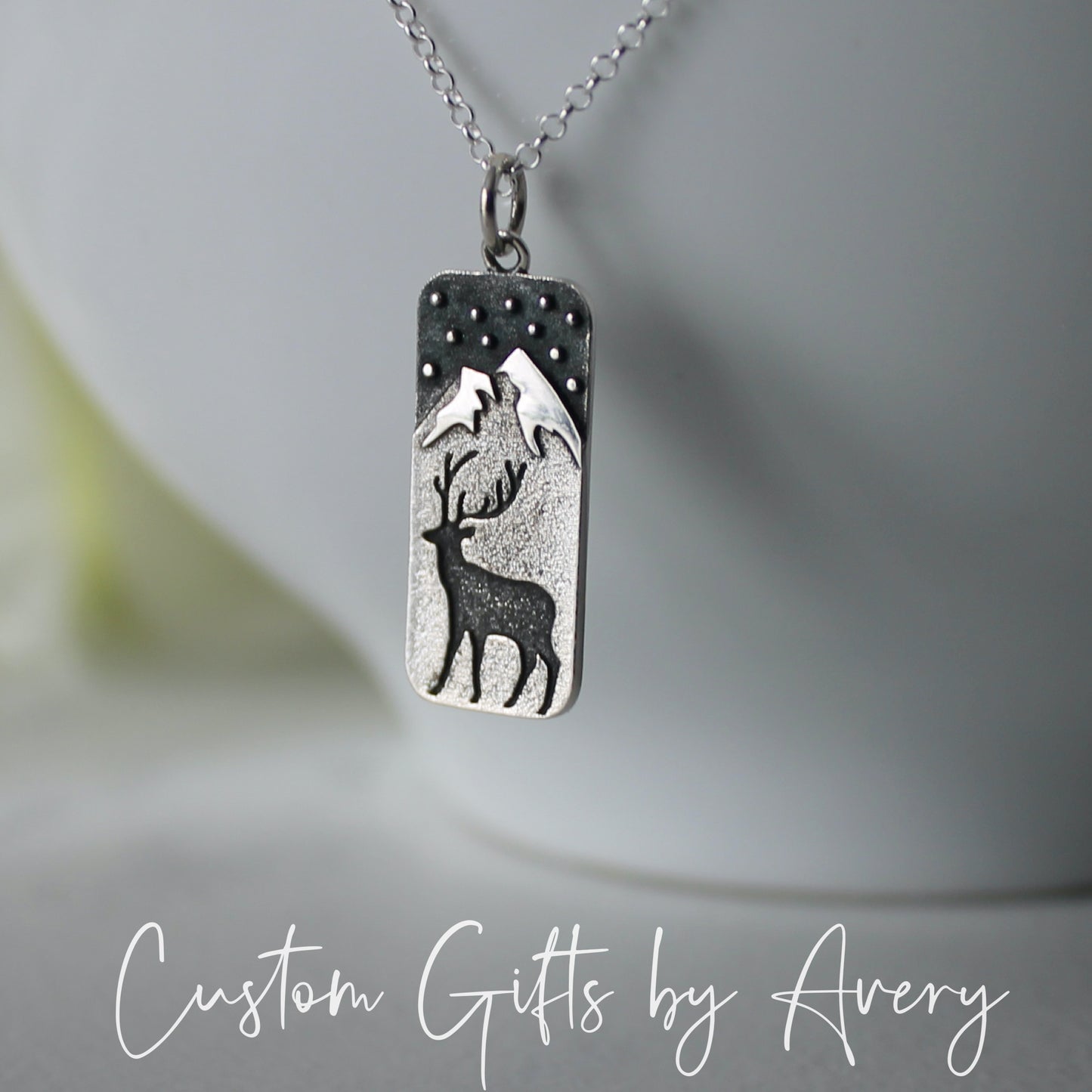 Sterling Silver Deer & Snow Capped Mountain Necklace