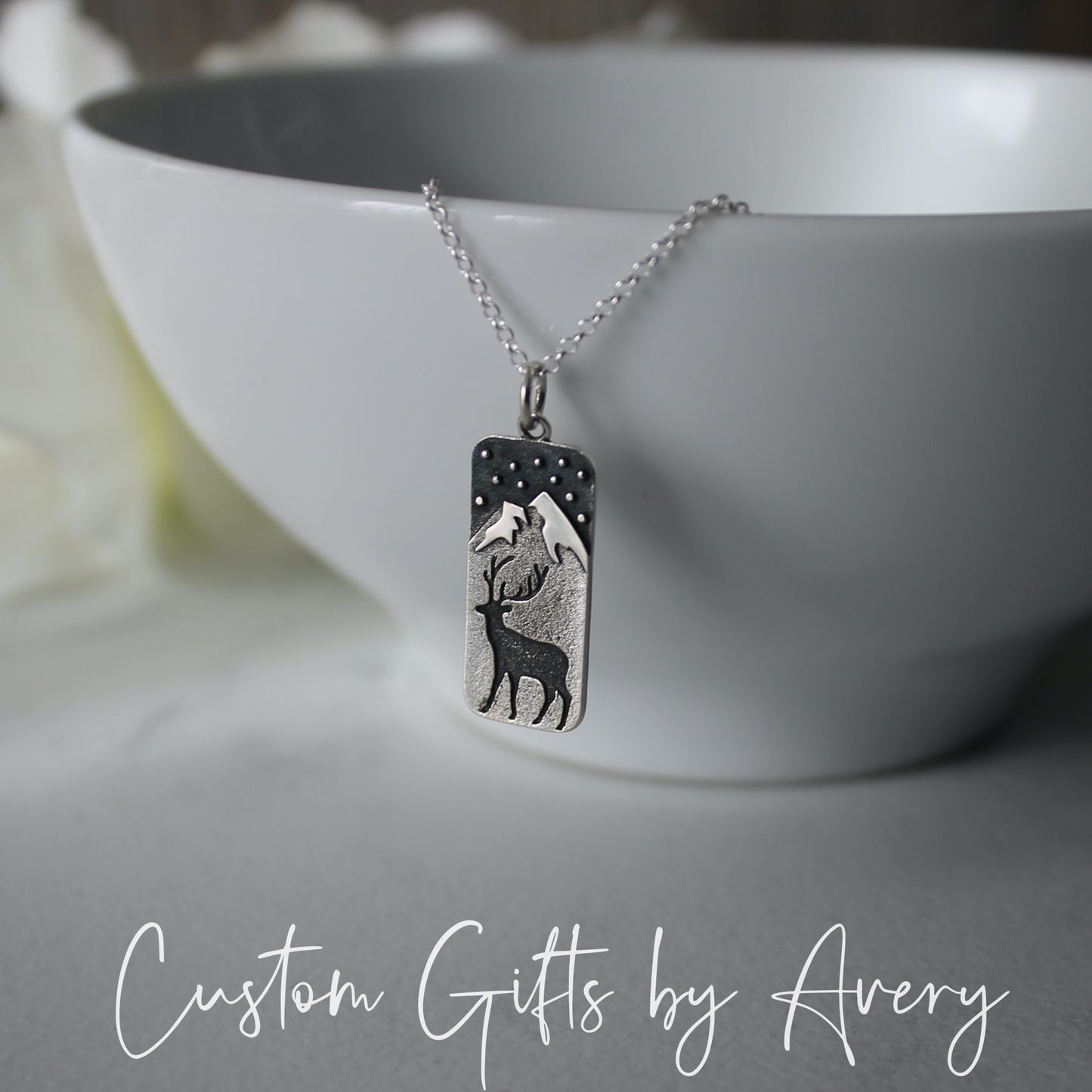 Sterling Silver Deer & Snow Capped Mountain Necklace