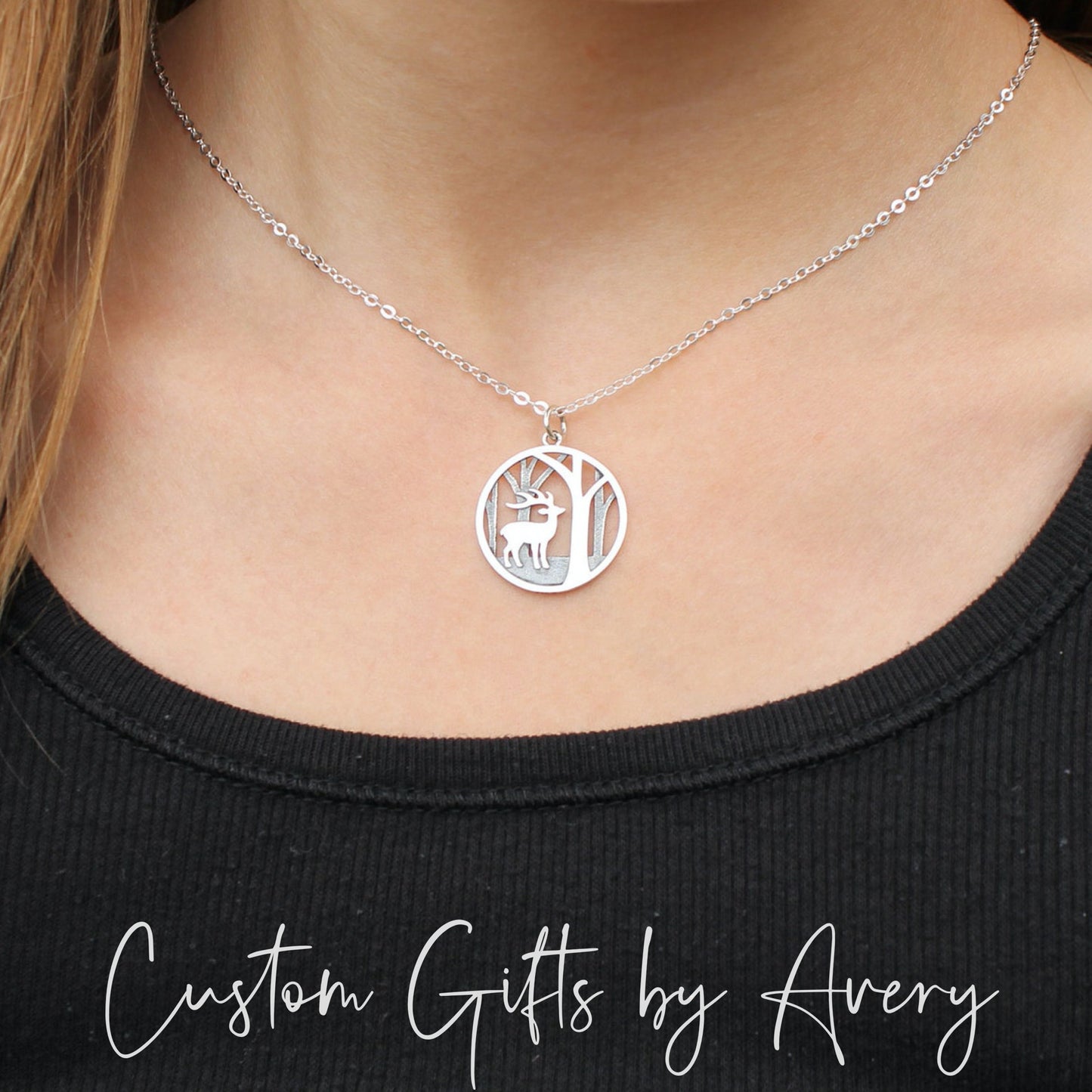 Sterling Silver Deer & Forest Necklace