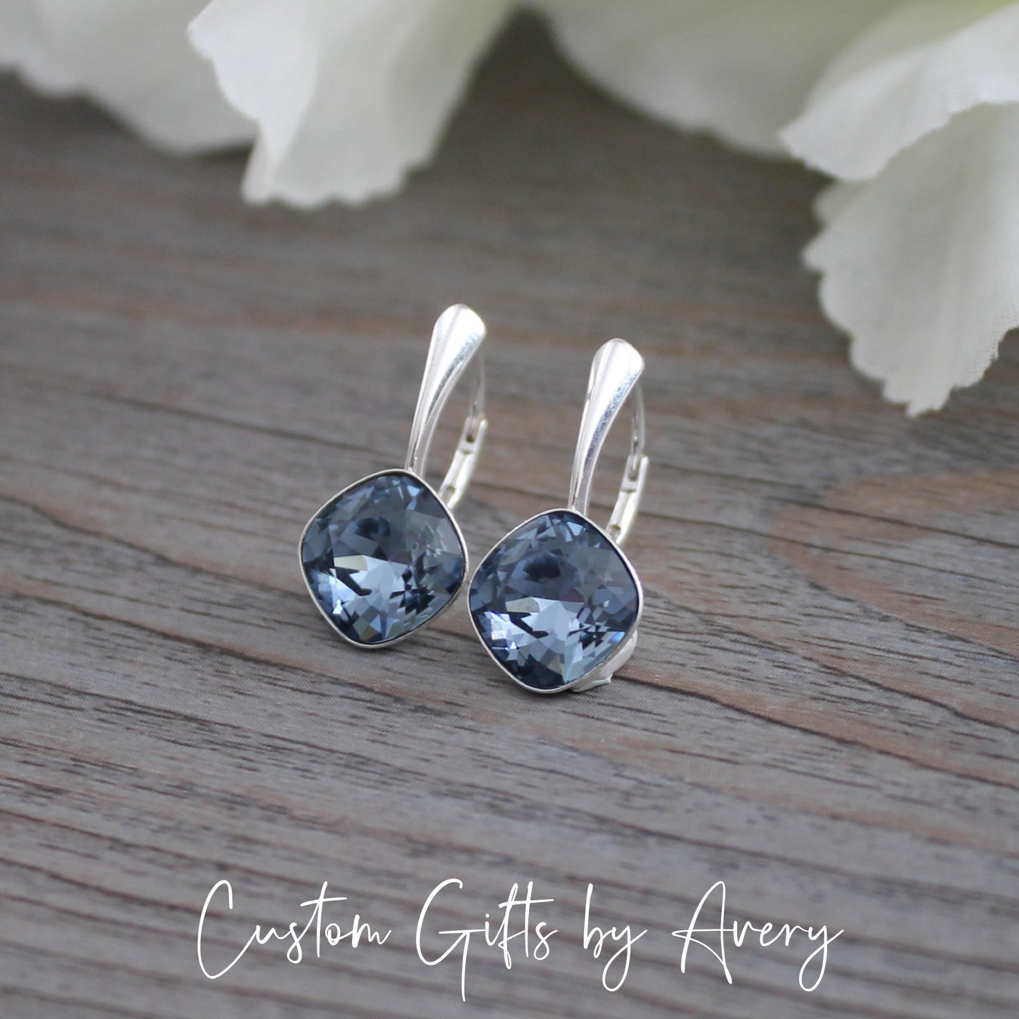 Sterling Silver Square Cut Austrian Crystal Earrings ~ Denim Blue