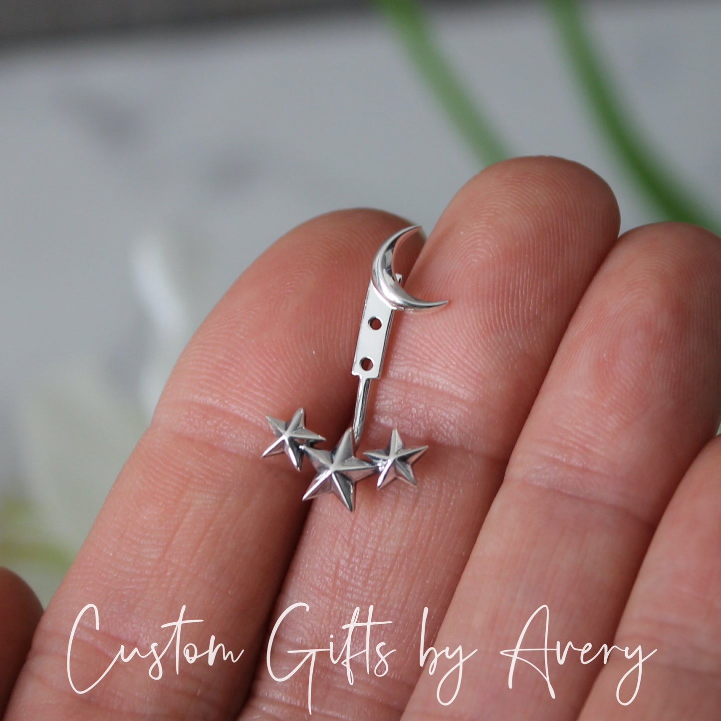 Sterling Silver Crescent Moon and Stars Ear Jacket Earrings