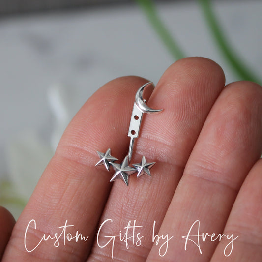 Sterling Silver Crescent Moon and Stars Ear Jacket Earrings