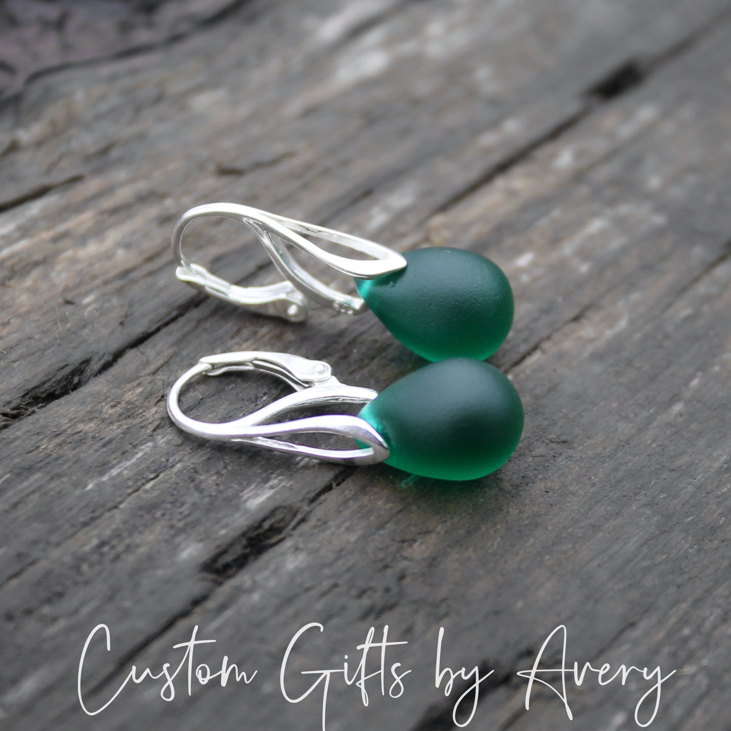 Emerald Green Cultured Sea Glass & Sterling Silver Earrings