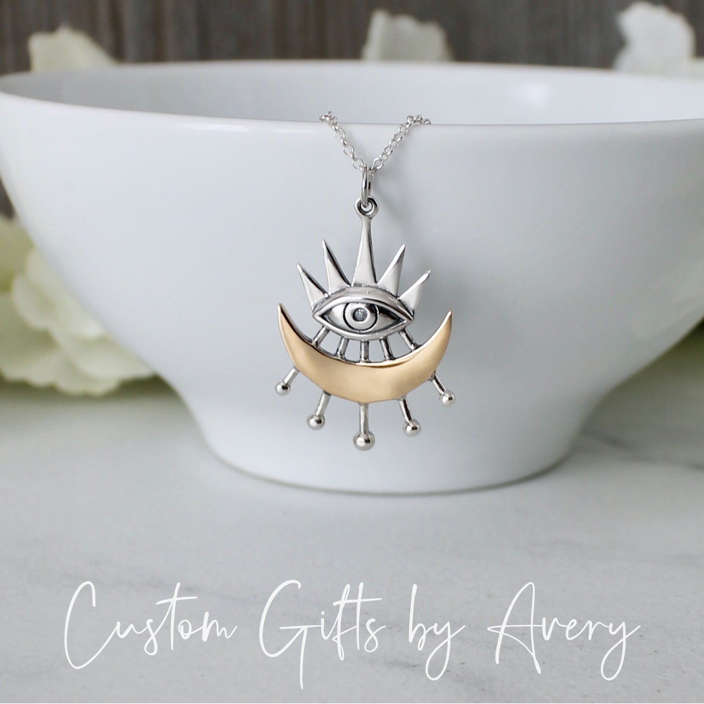 Sterling Silver & Bronze All Seeing Eye and Crescent Moon